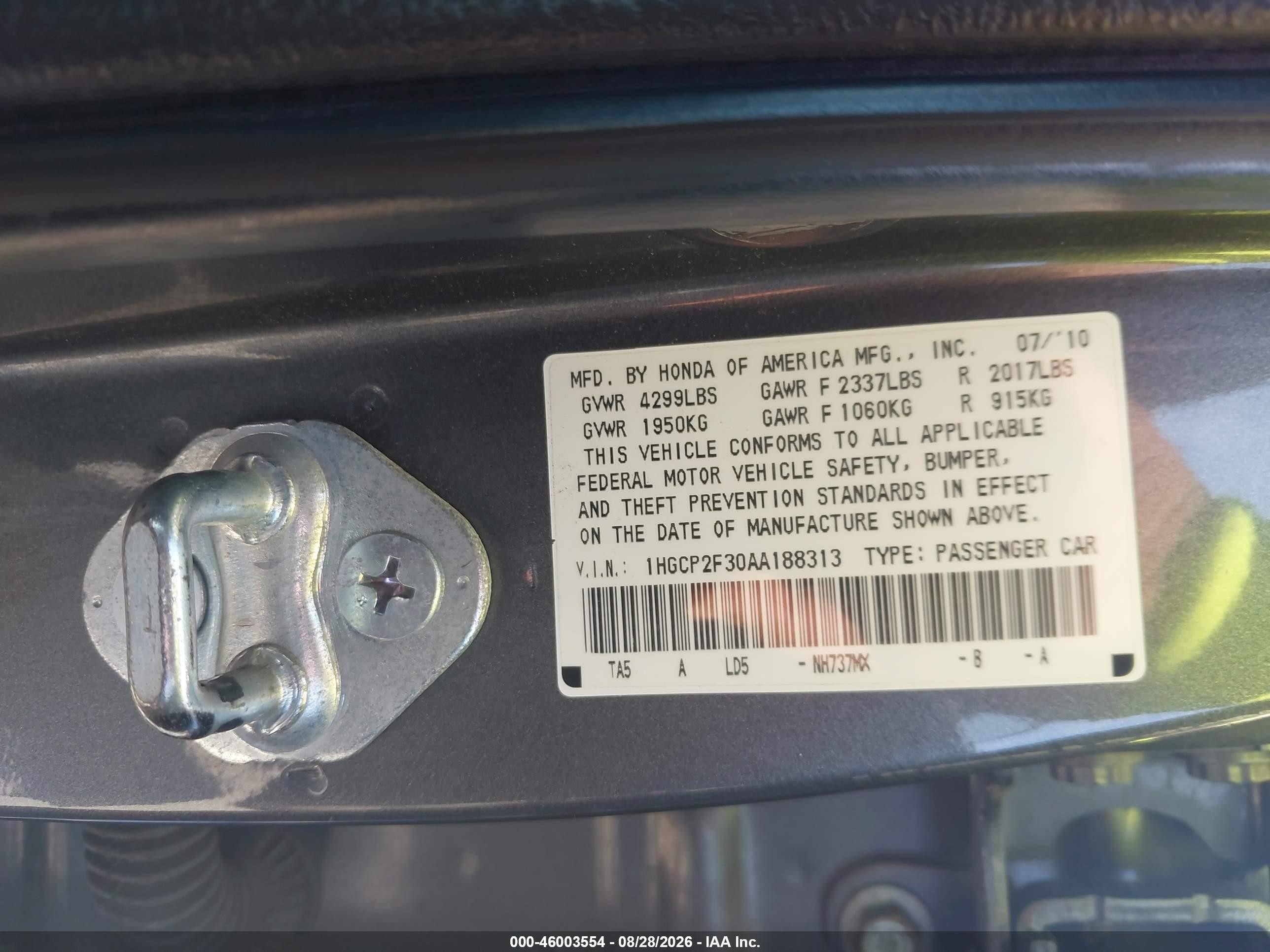 2010 Honda Accord 2.4 Lx Gray vin: 1HGCP2F30AA188313