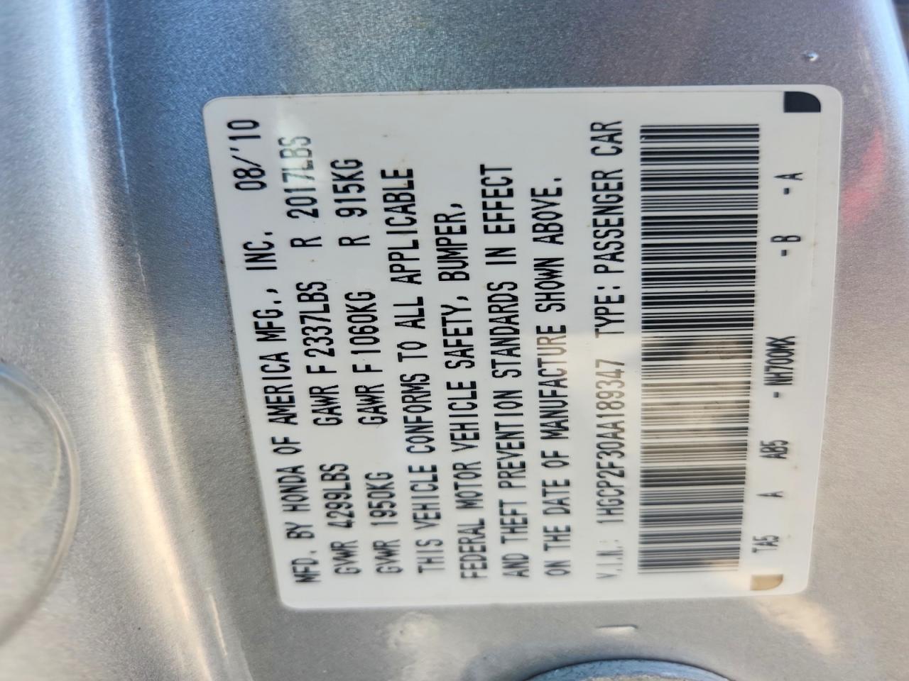2010 Honda Accord Lx Silver vin: 1HGCP2F30AA189347