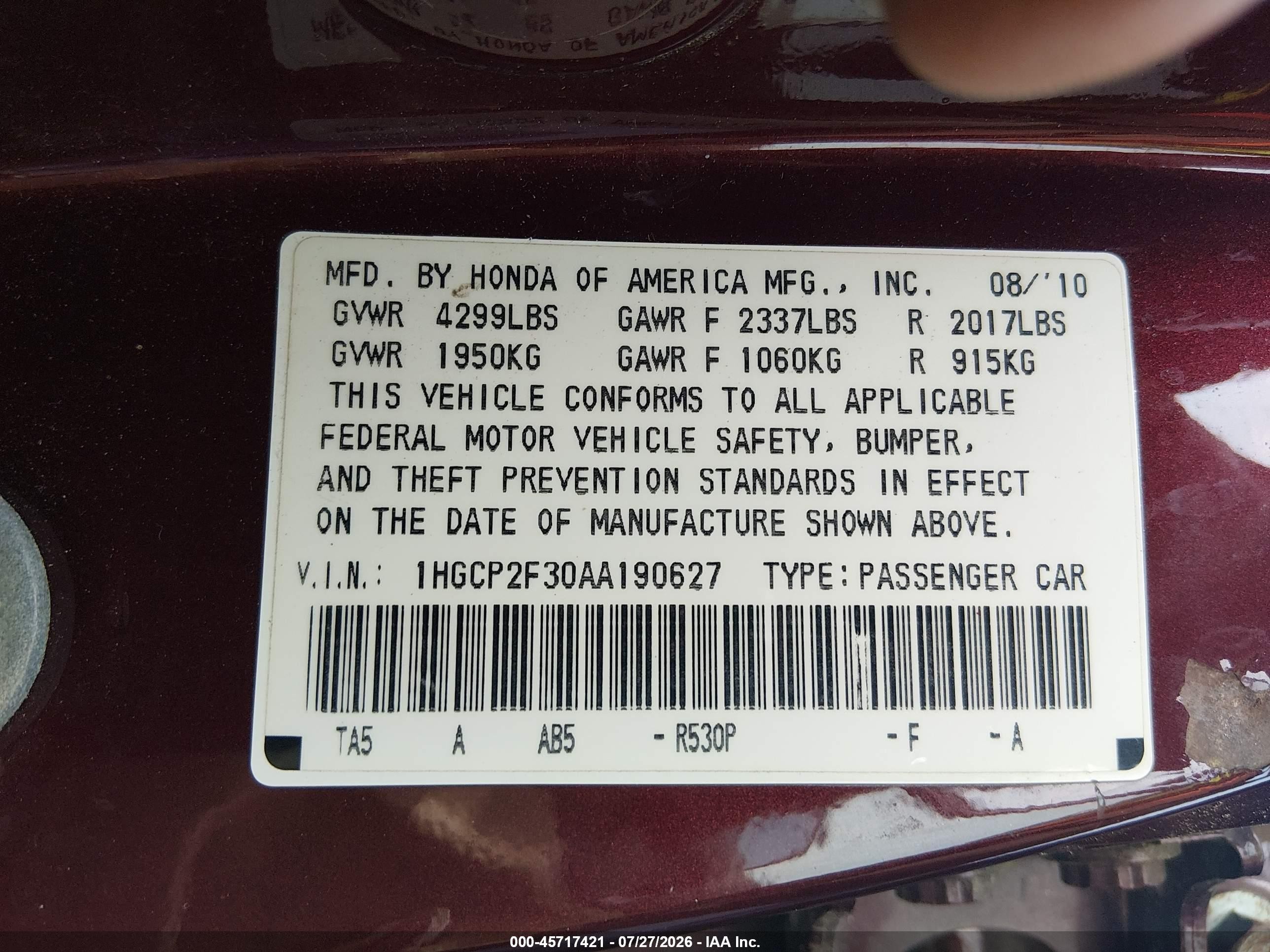 2010 Honda Accord 2.4 Lx Maroon vin: 1HGCP2F30AA190627