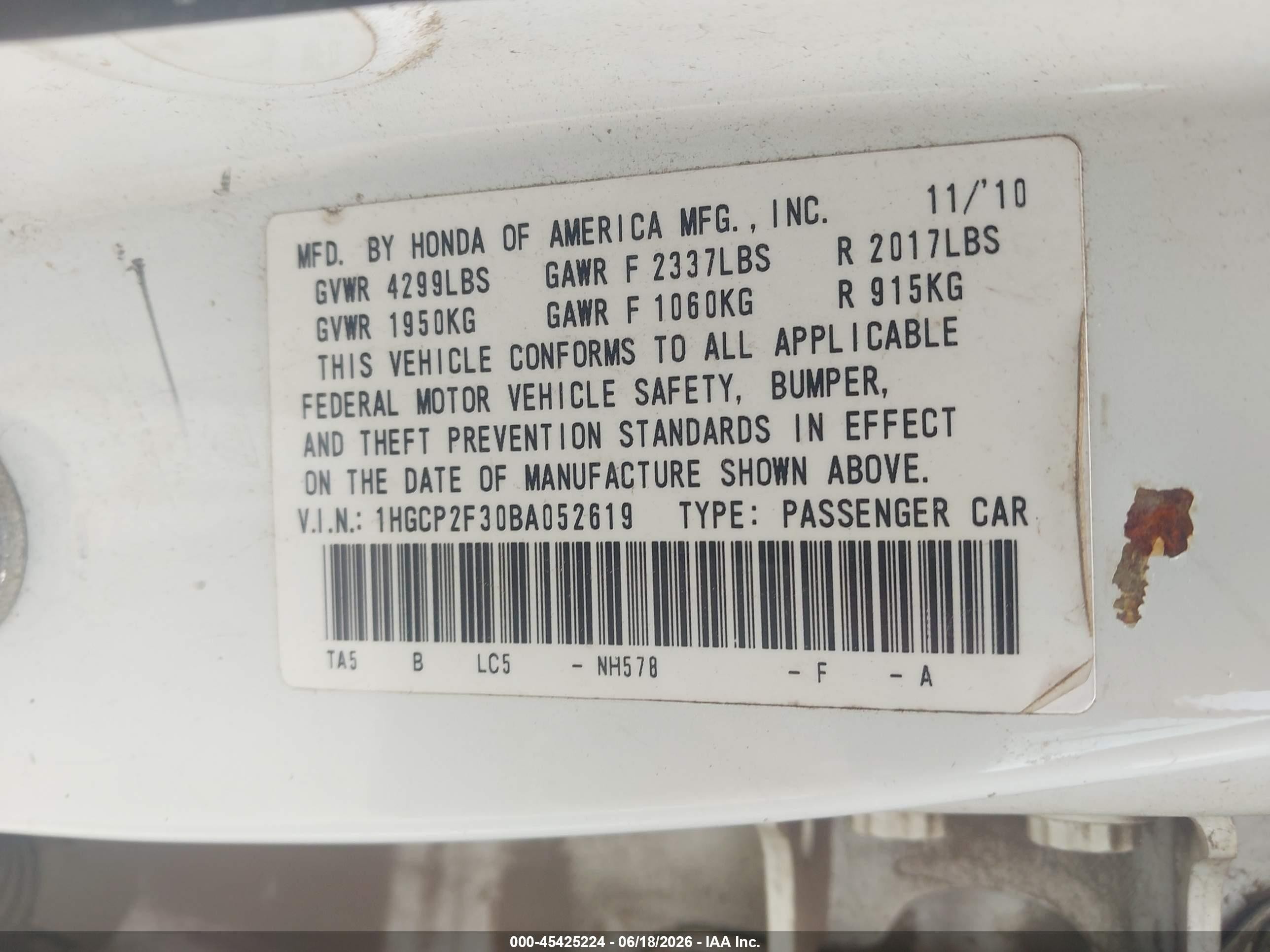 2011 Honda Accord 2.4 Lx White vin: 1HGCP2F30BA052619