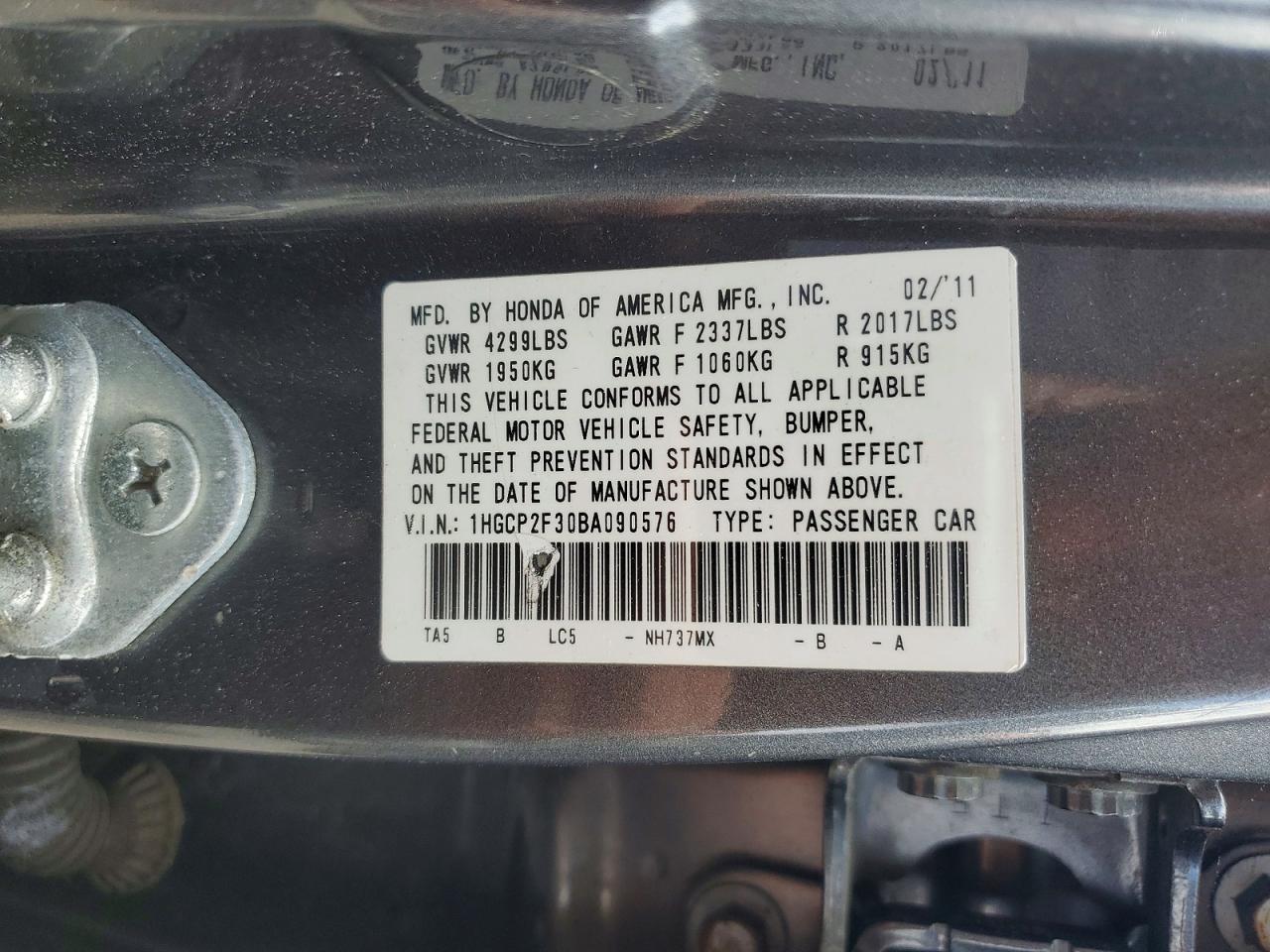 2011 Honda Accord Lx Gray vin: 1HGCP2F30BA090576