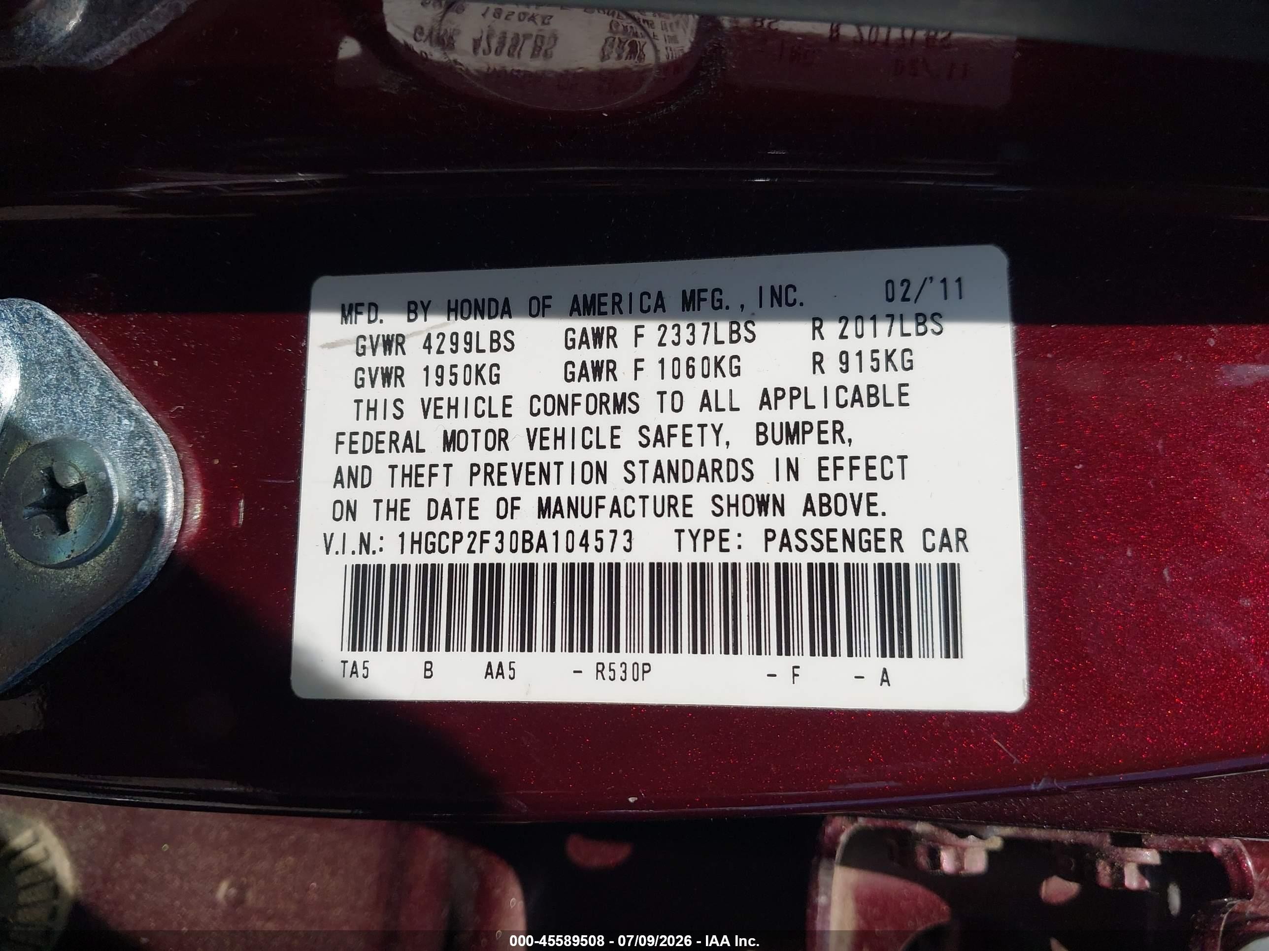 2011 Honda Accord 2.4 Lx Темно-бордовый vin: 1HGCP2F30BA104573