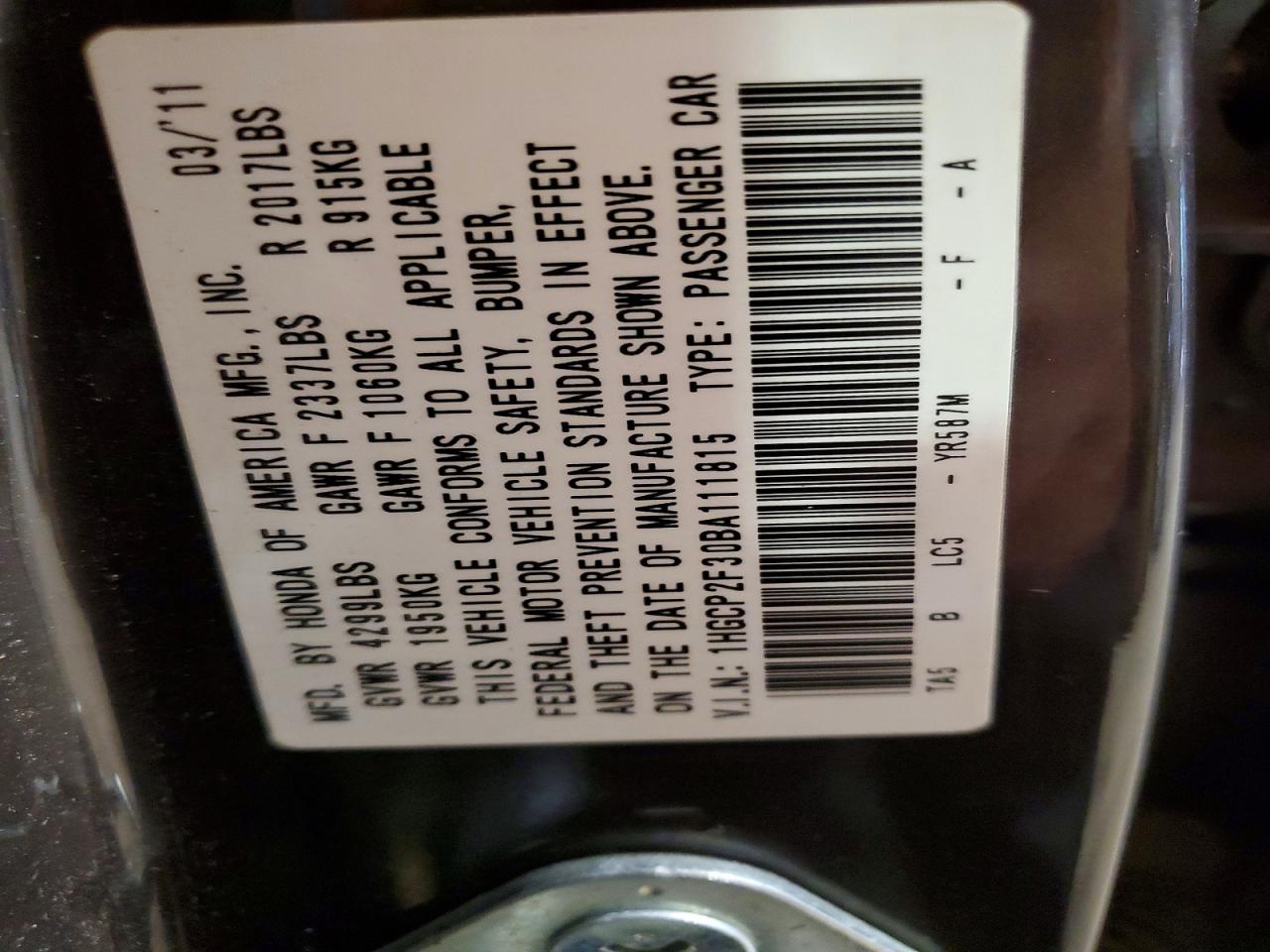 2011 Honda Accord Lx Charcoal vin: 1HGCP2F30BA111815