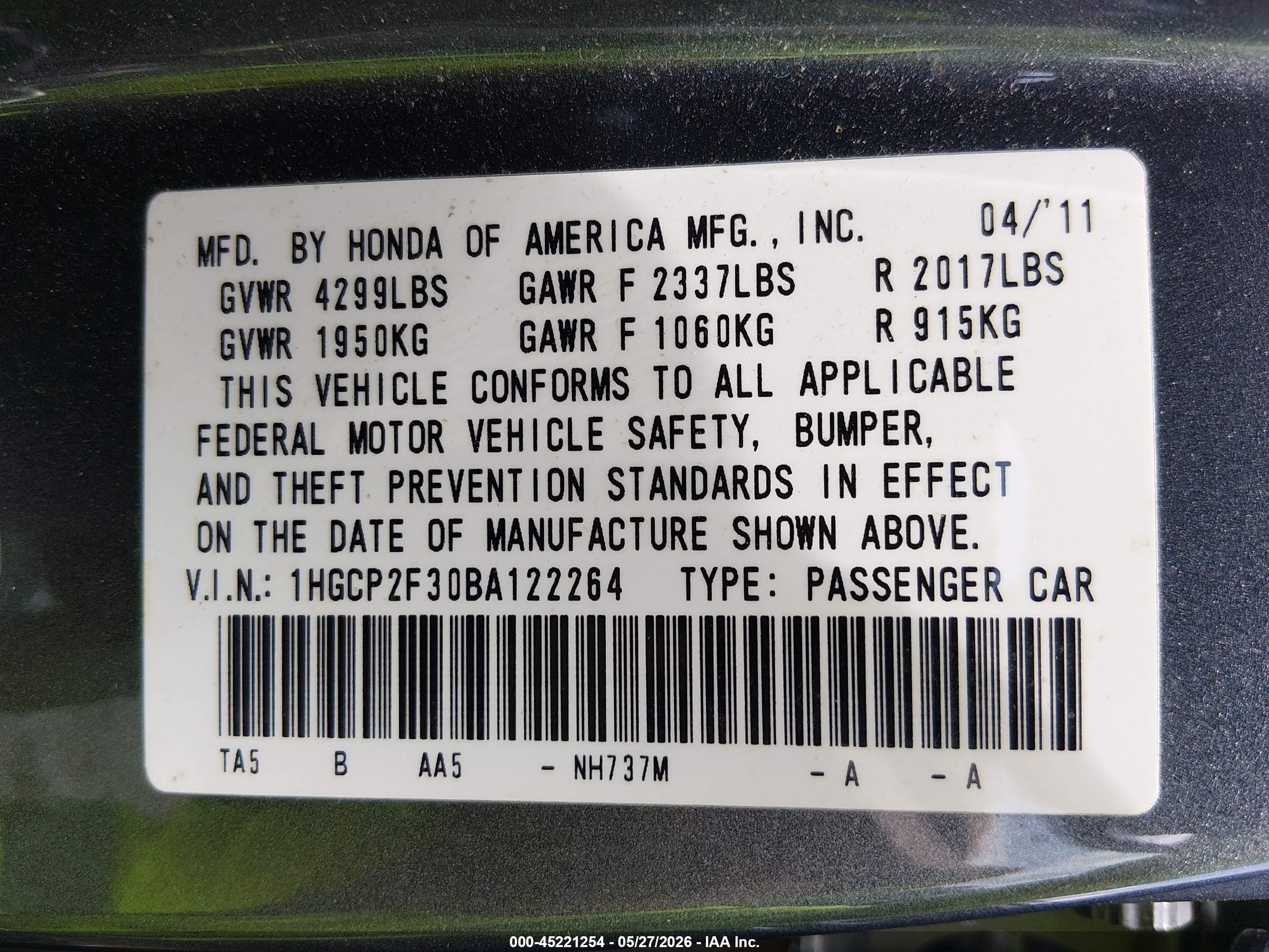 2011 Honda Accord 2.4 Lx Gray vin: 1HGCP2F30BA122264