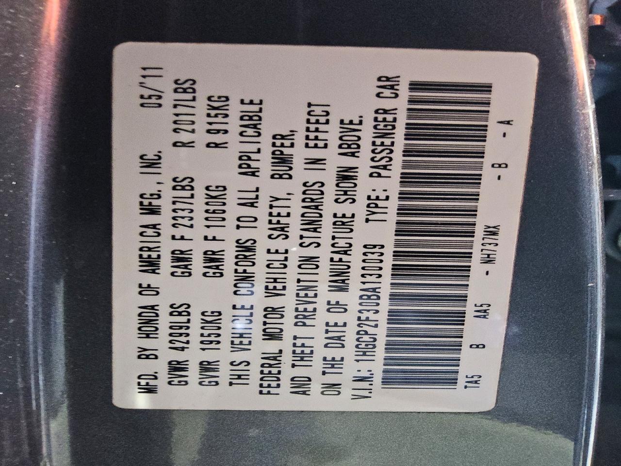 2011 Honda Accord Lx Gray vin: 1HGCP2F30BA130039