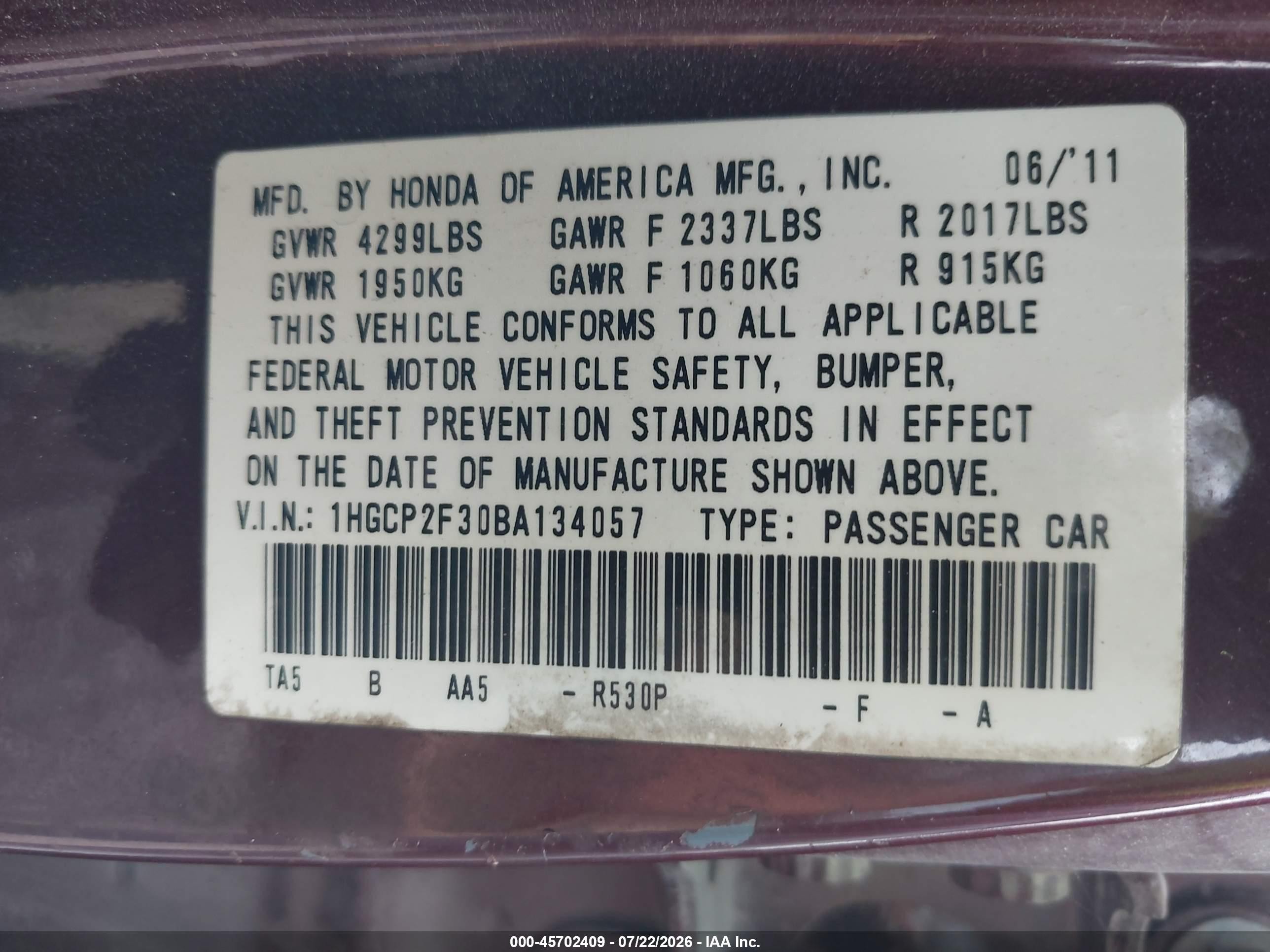 2011 Honda Accord 2.4 Lx Purple vin: 1HGCP2F30BA134057