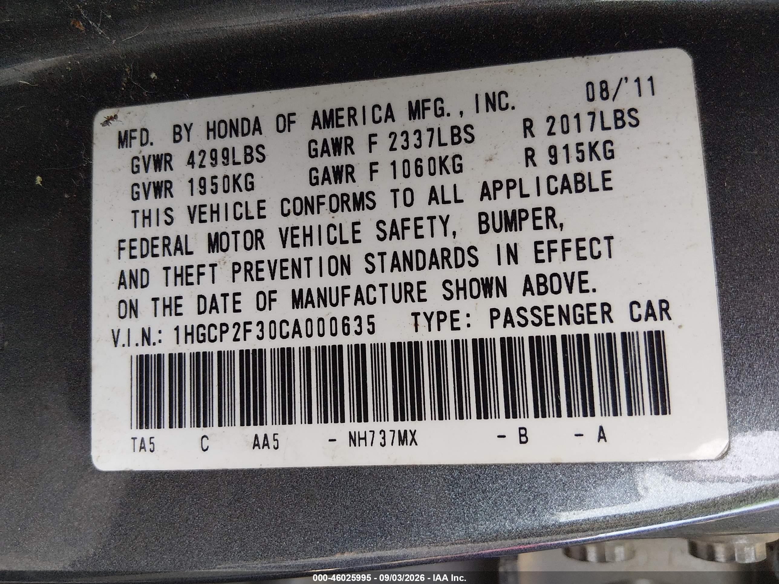 2012 Honda Accord 2.4 Lx Серый vin: 1HGCP2F30CA000635