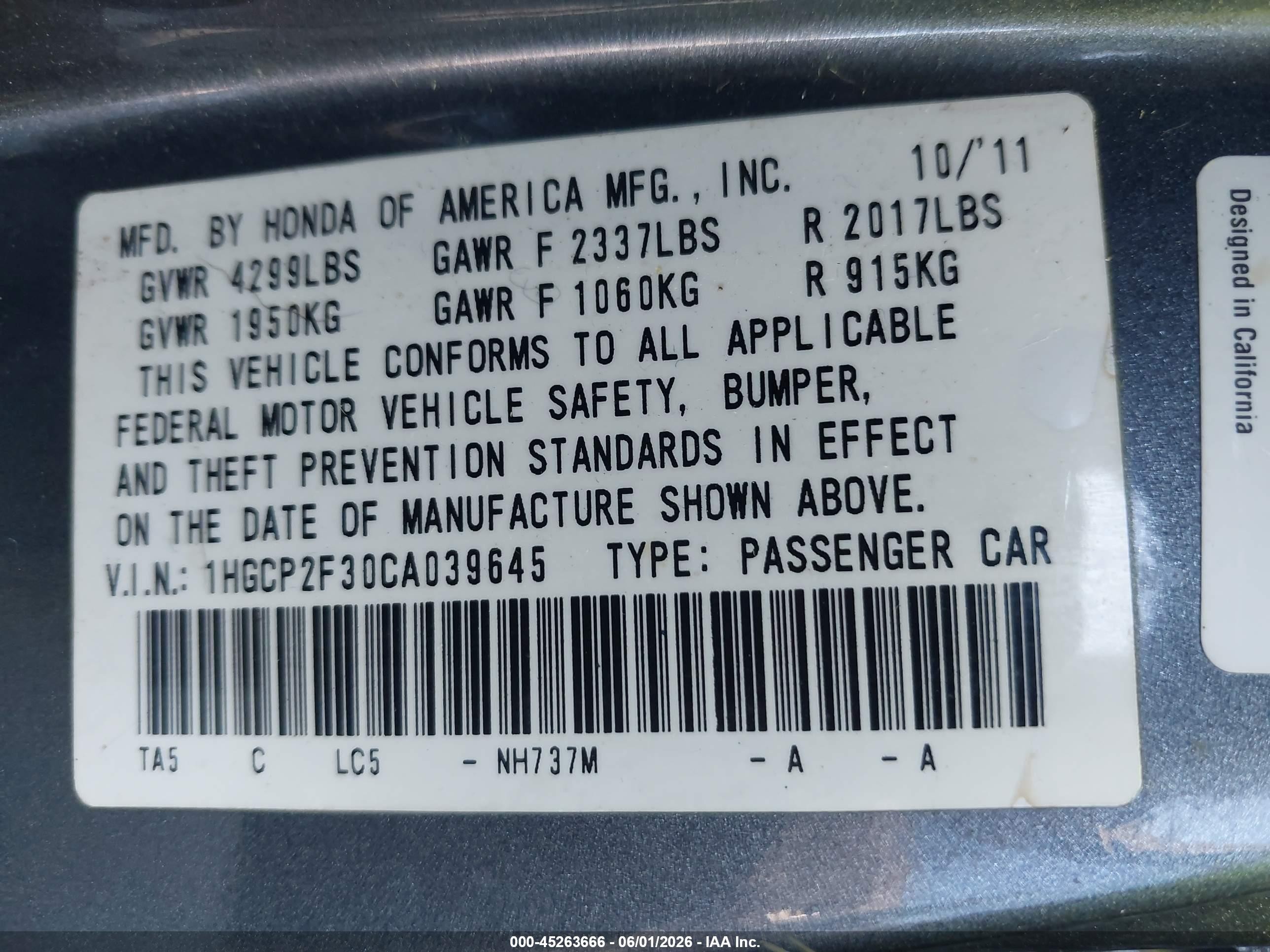 2012 Honda Accord 2.4 Lx Gray vin: 1HGCP2F30CA039645