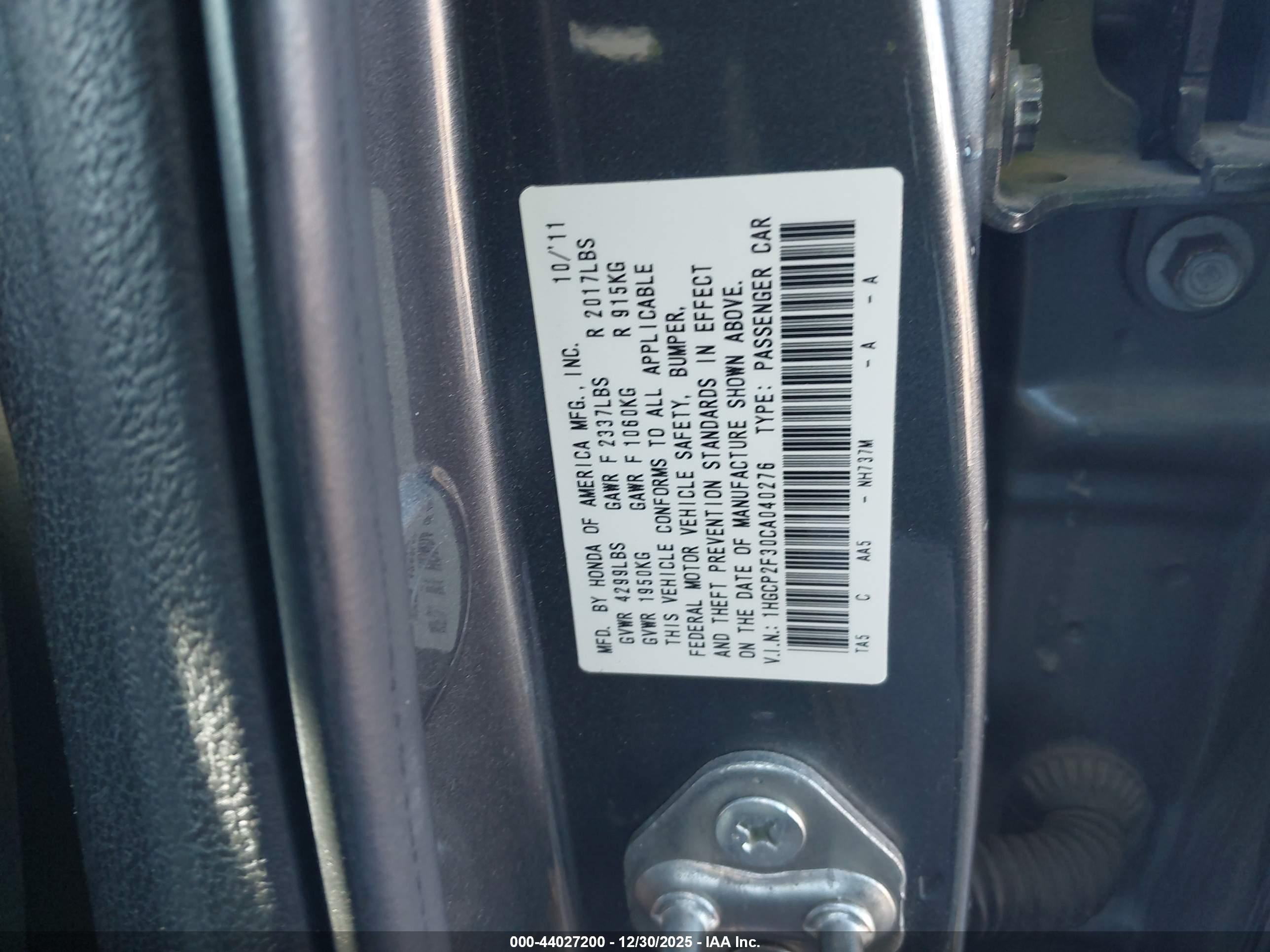 2012 Honda Accord 2.4 Lx Gray vin: 1HGCP2F30CA040276