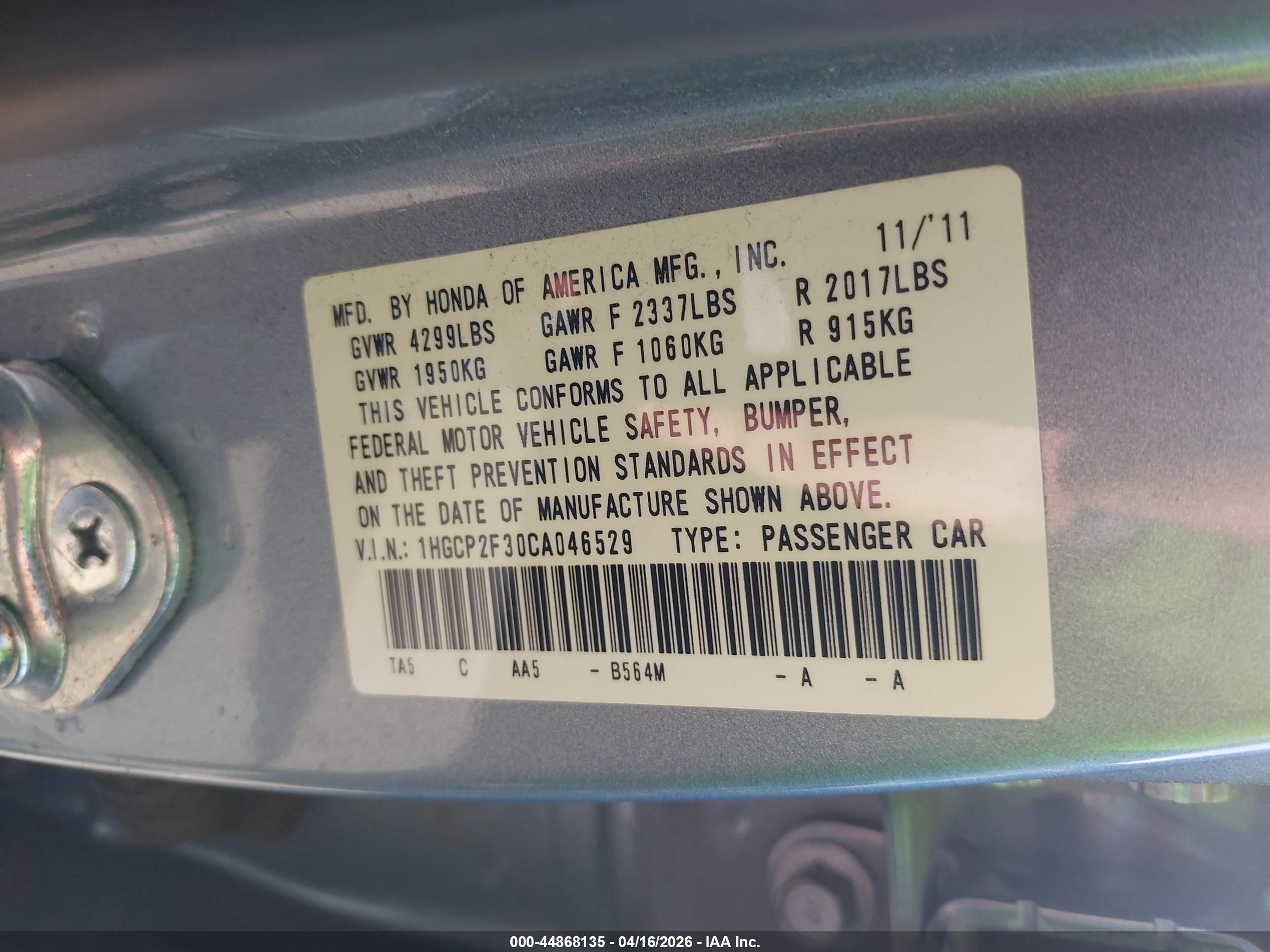 2012 Honda Accord 2.4 Lx Light Blue vin: 1HGCP2F30CA046529