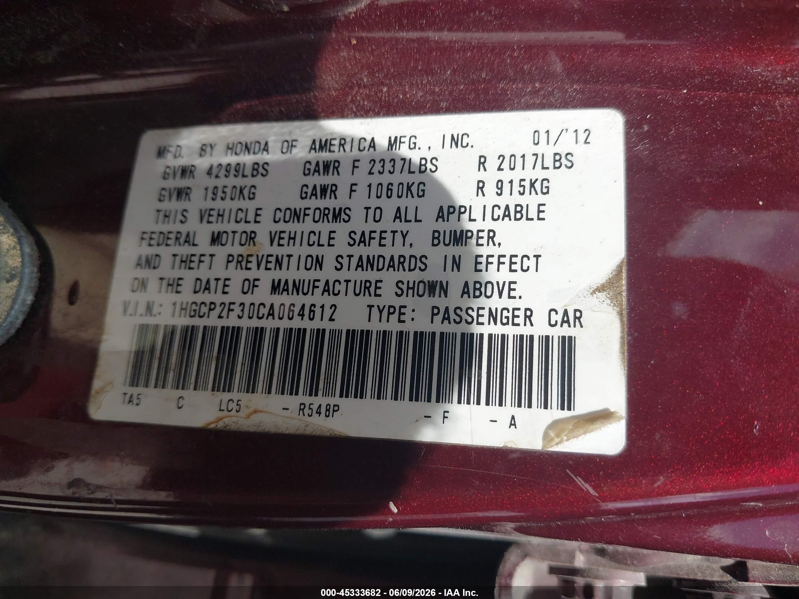 2012 Honda Accord 2.4 Lx Maroon vin: 1HGCP2F30CA064612