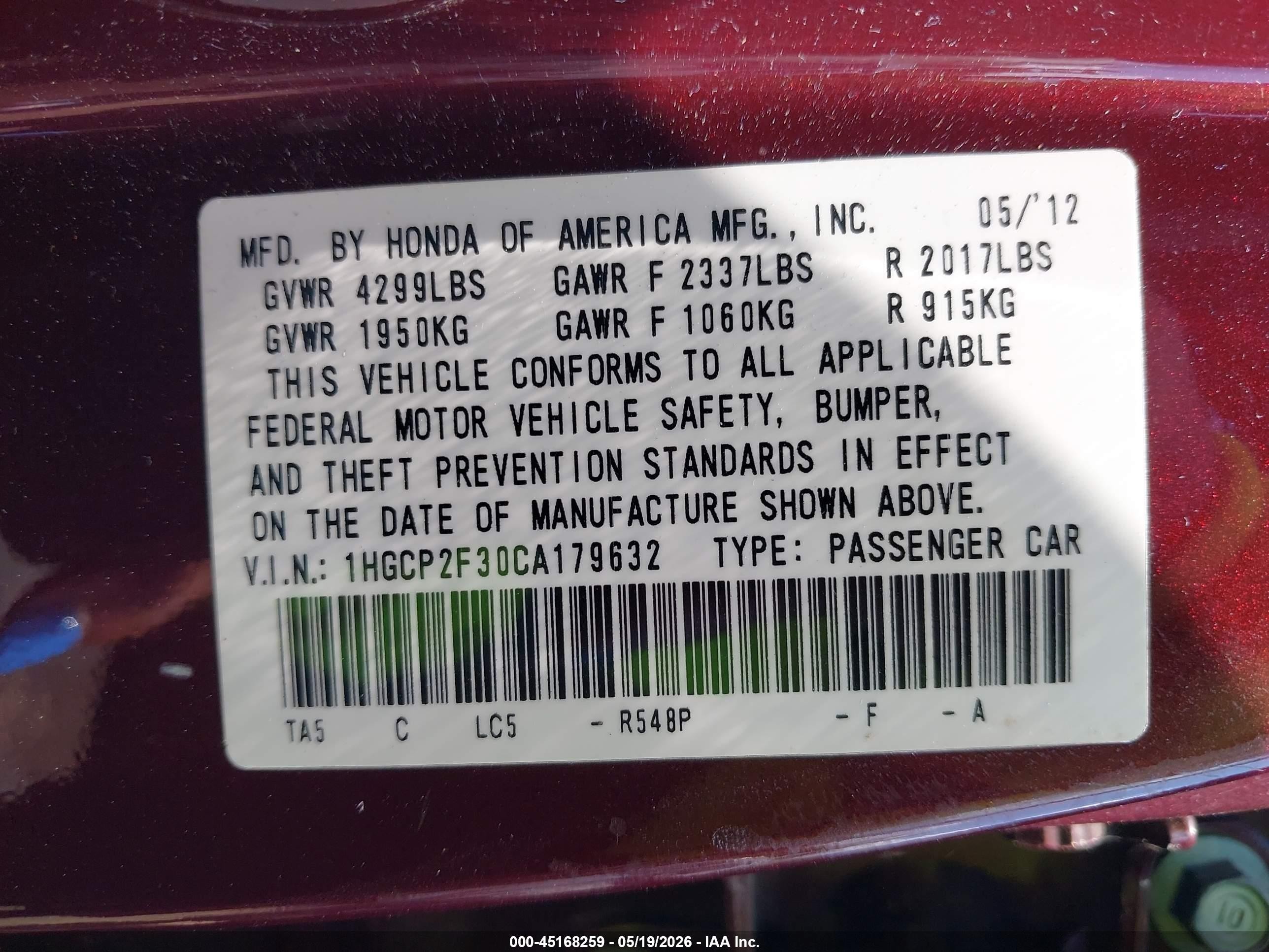 2012 Honda Accord 2.4 Lx Темно-бордовый vin: 1HGCP2F30CA179632