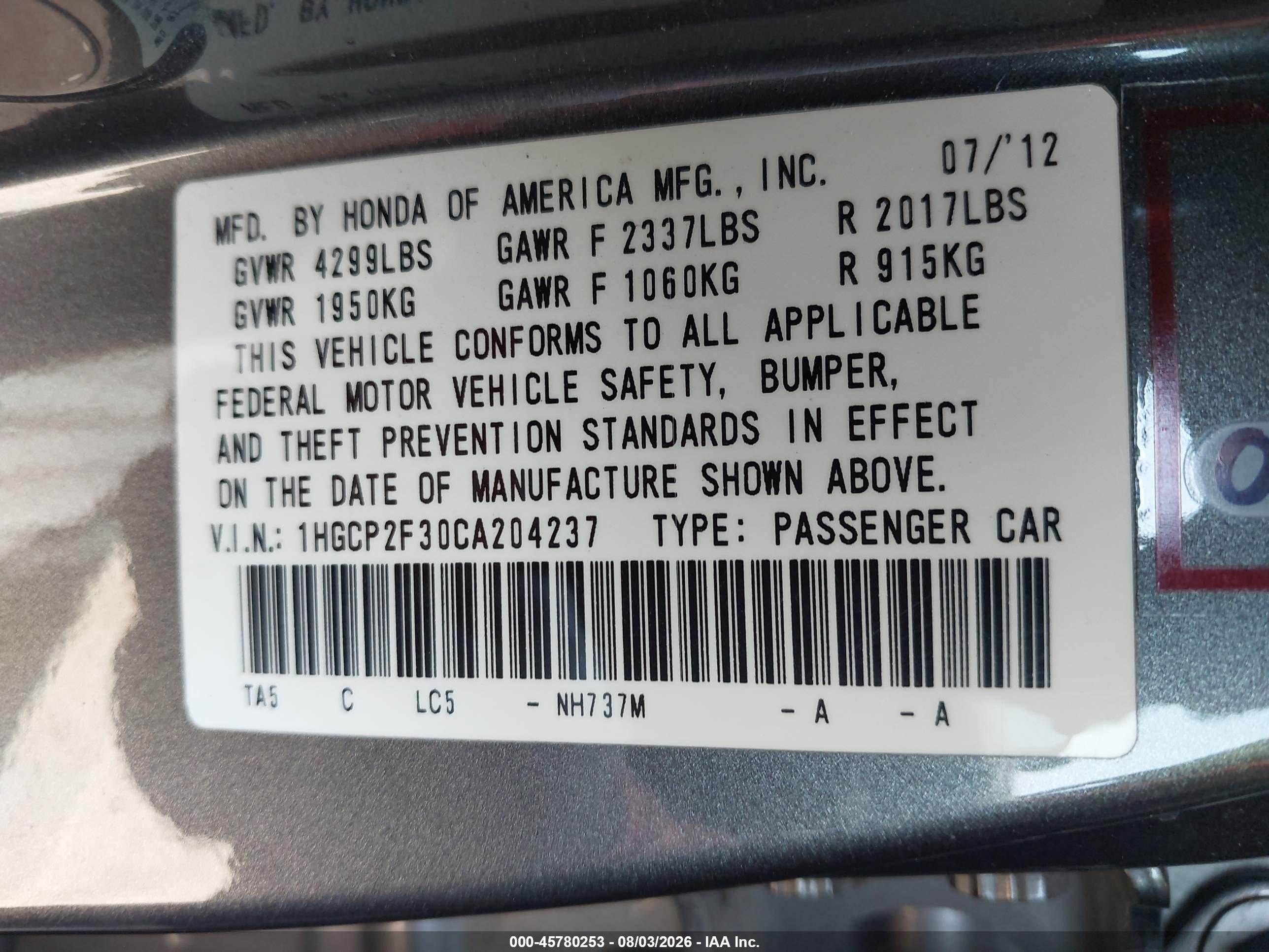 2012 Honda Accord Sdn Lx Gray vin: 1HGCP2F30CA204237