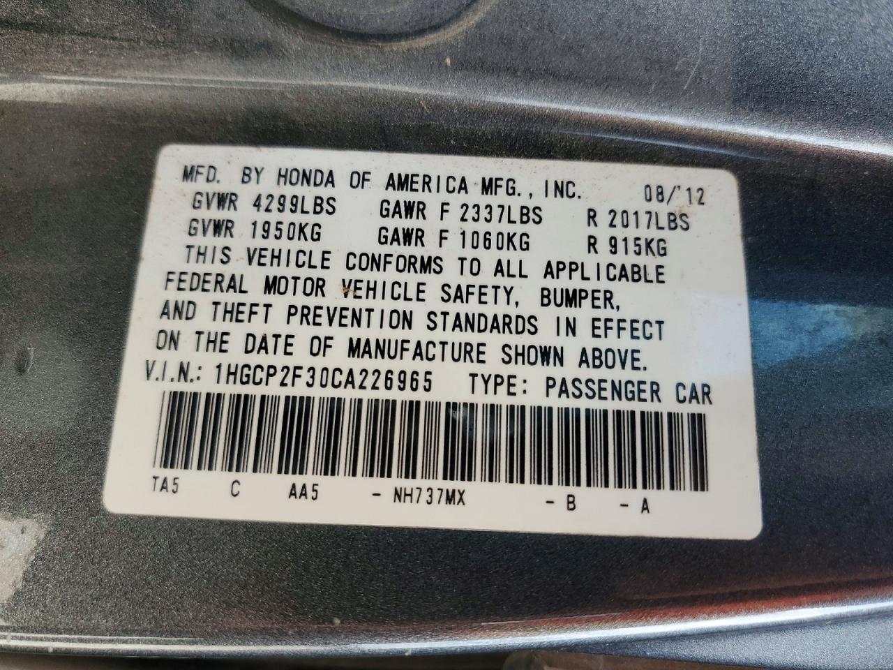 2012 Honda Accord Lx Gray vin: 1HGCP2F30CA226965