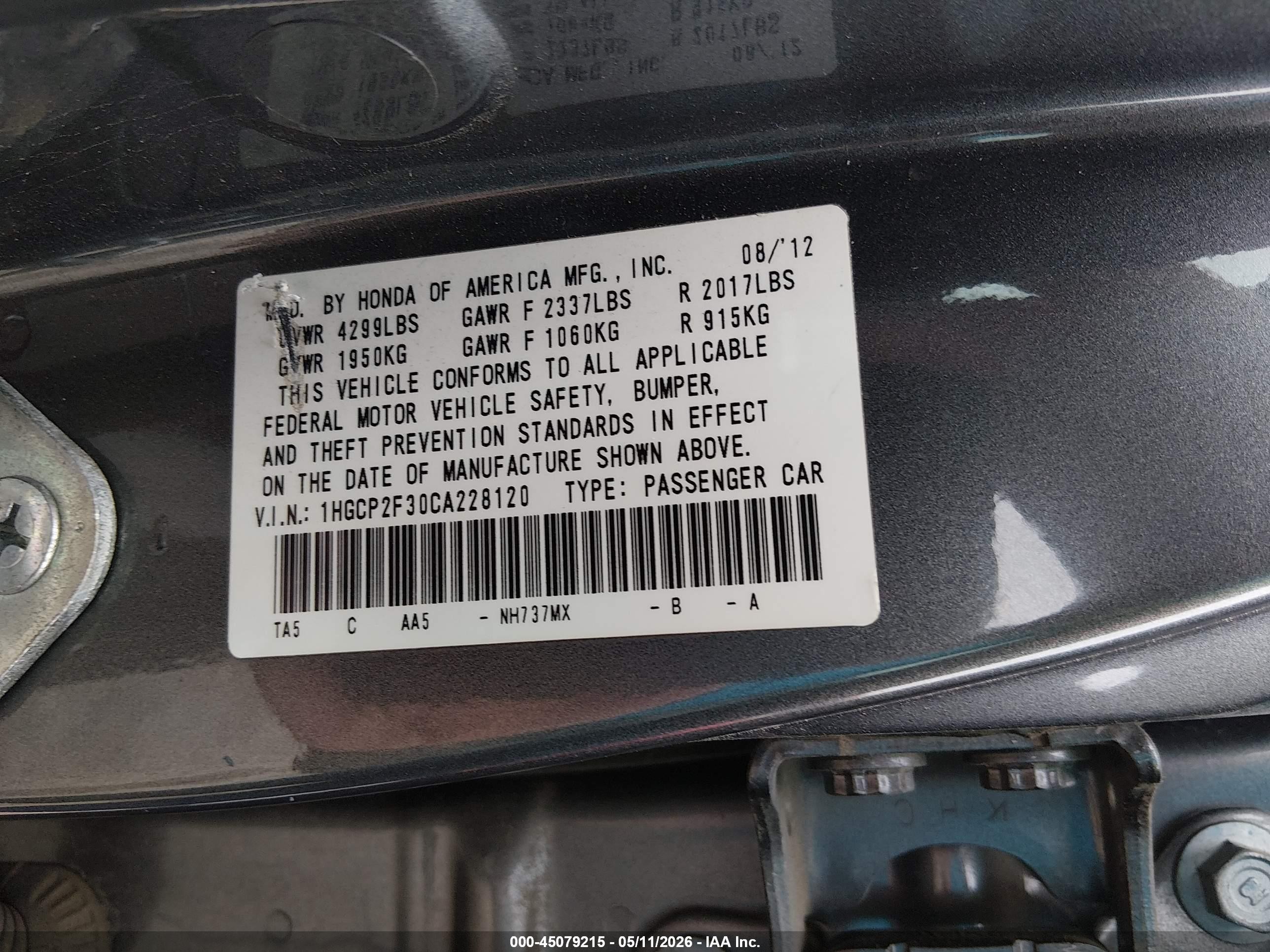 2012 Honda Accord 2.4 Lx Gray vin: 1HGCP2F30CA228120