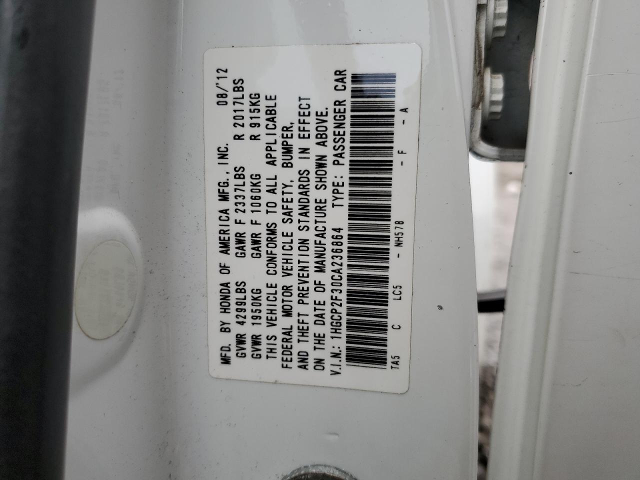 2012 Honda Accord Lx White vin: 1HGCP2F30CA236864