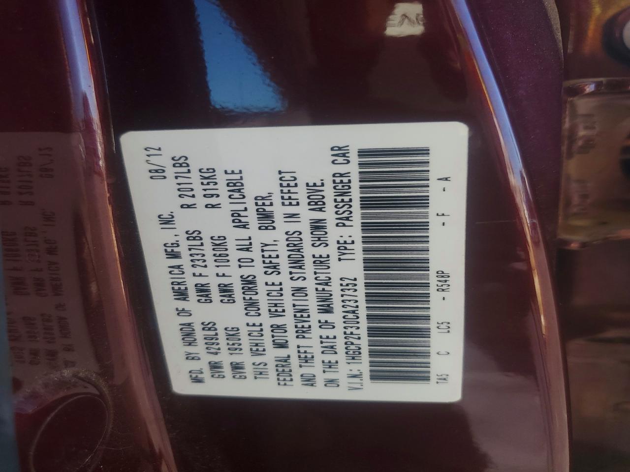 2012 Honda Accord Lx Burgundy vin: 1HGCP2F30CA237352