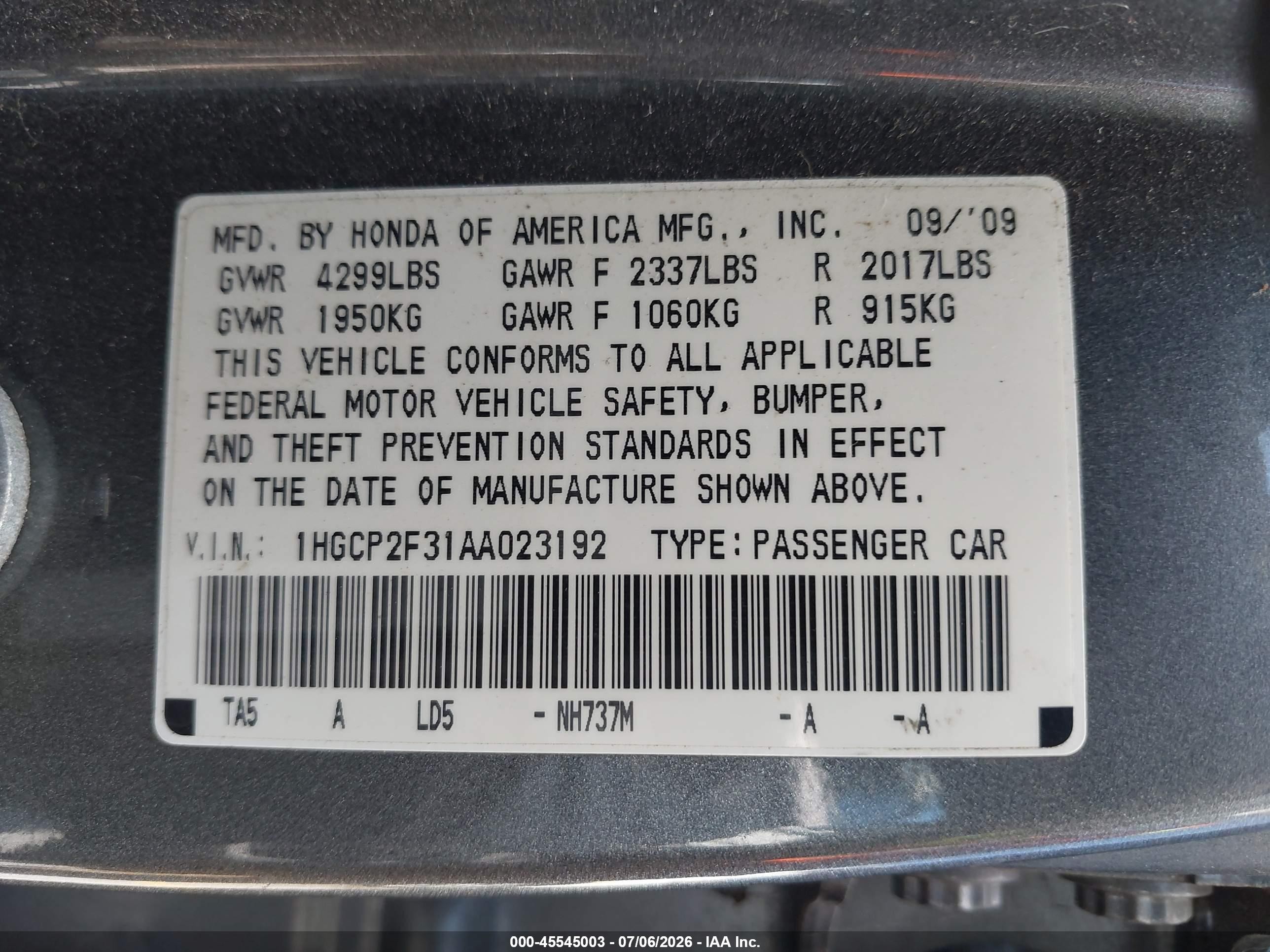 2010 Honda Accord 2.4 Lx Gray vin: 1HGCP2F31AA023192