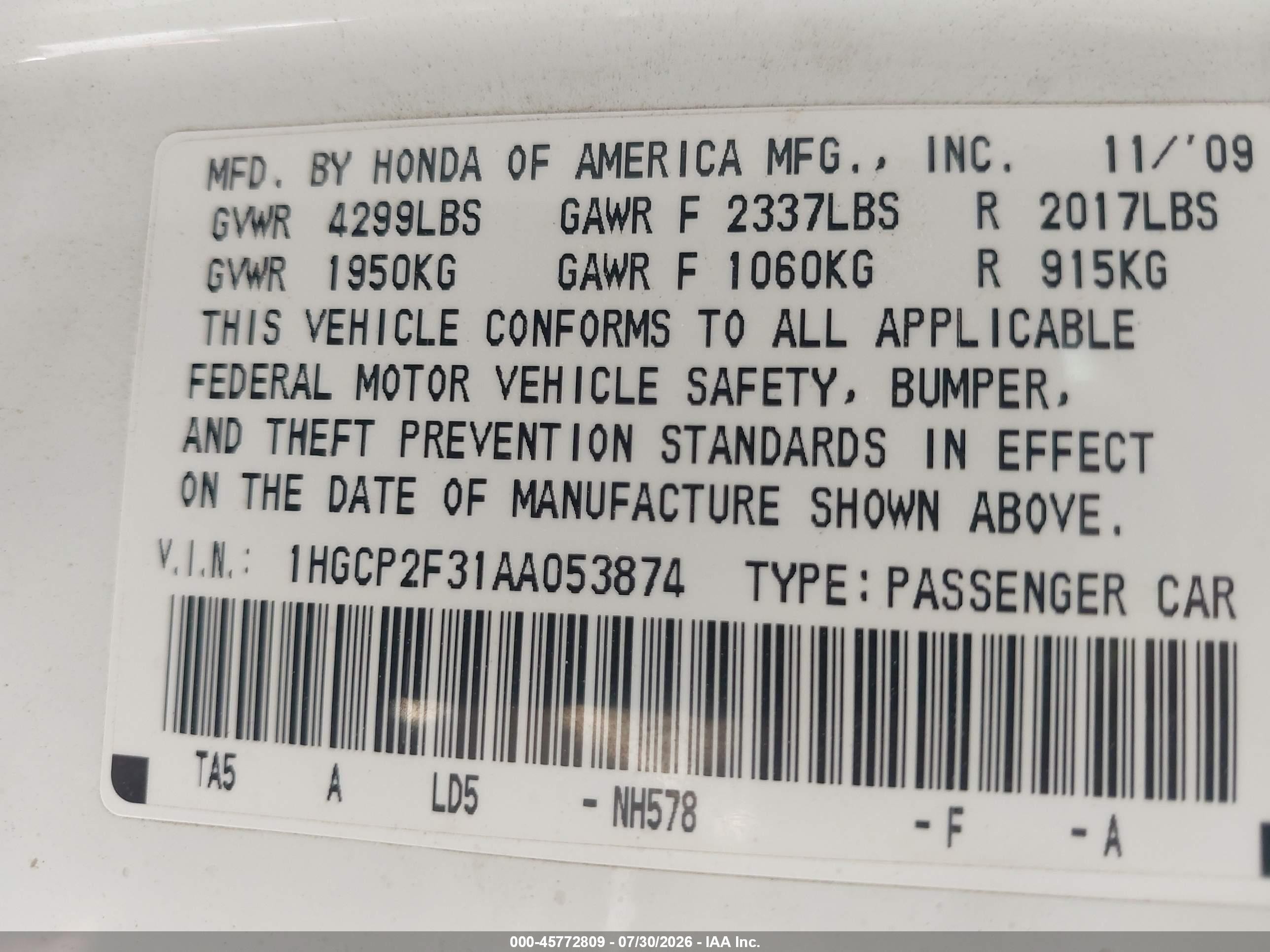 2010 Honda Accord 2.4 Lx White vin: 1HGCP2F31AA053874