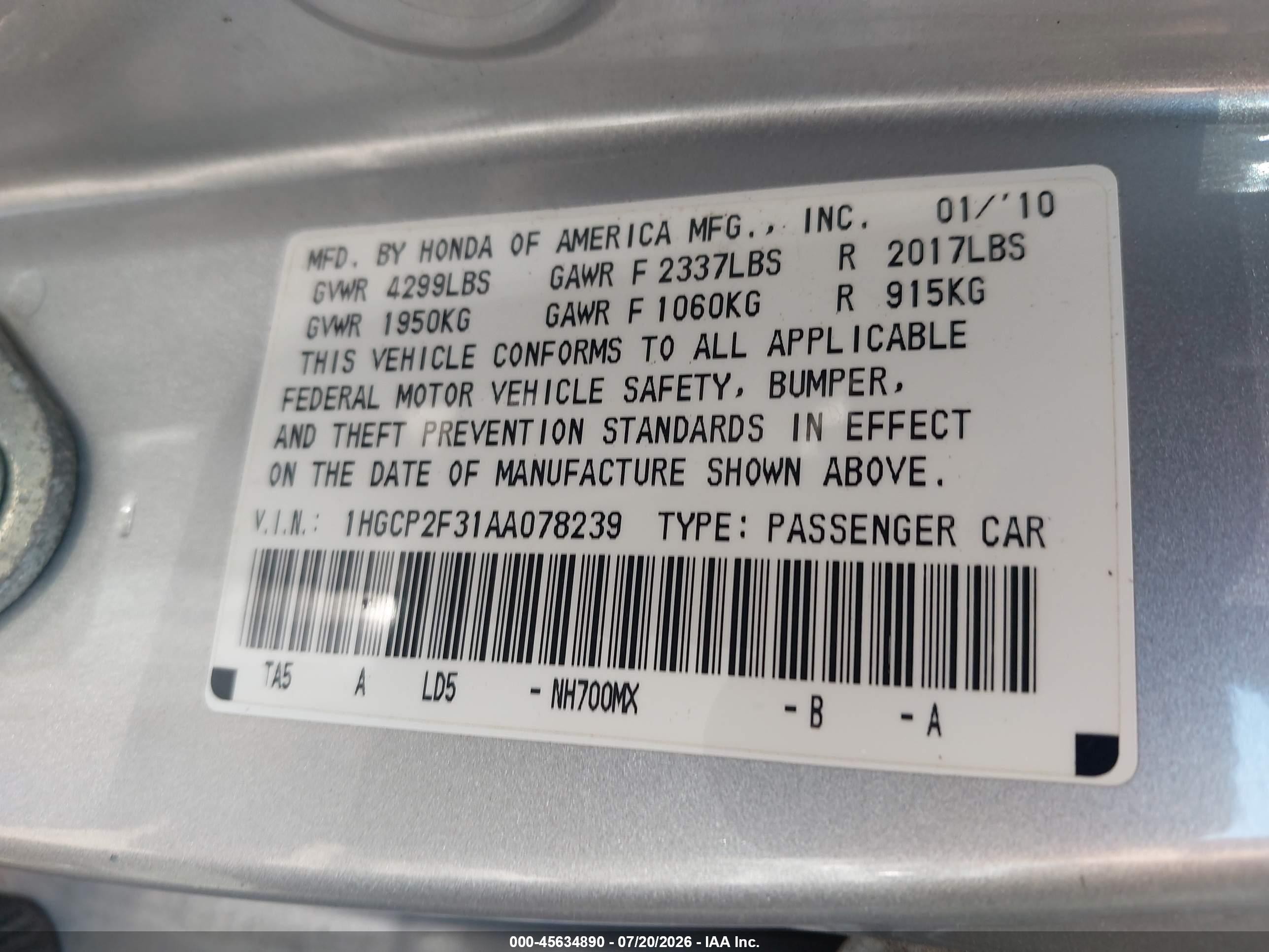 2010 Honda Accord 2.4 Lx Серебряный vin: 1HGCP2F31AA078239
