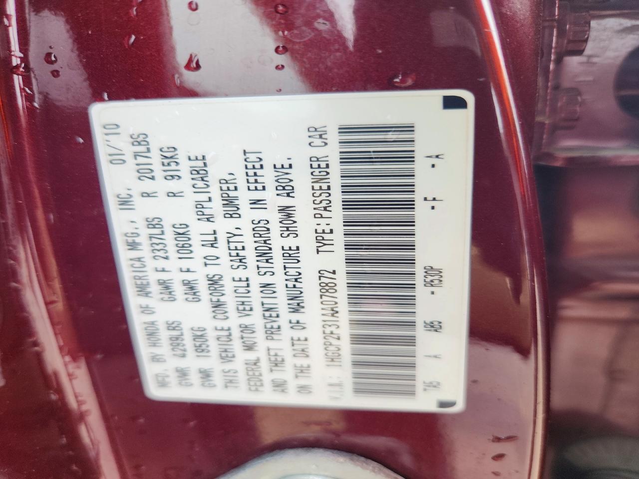 2010 Honda Accord Lx Burgundy vin: 1HGCP2F31AA078872