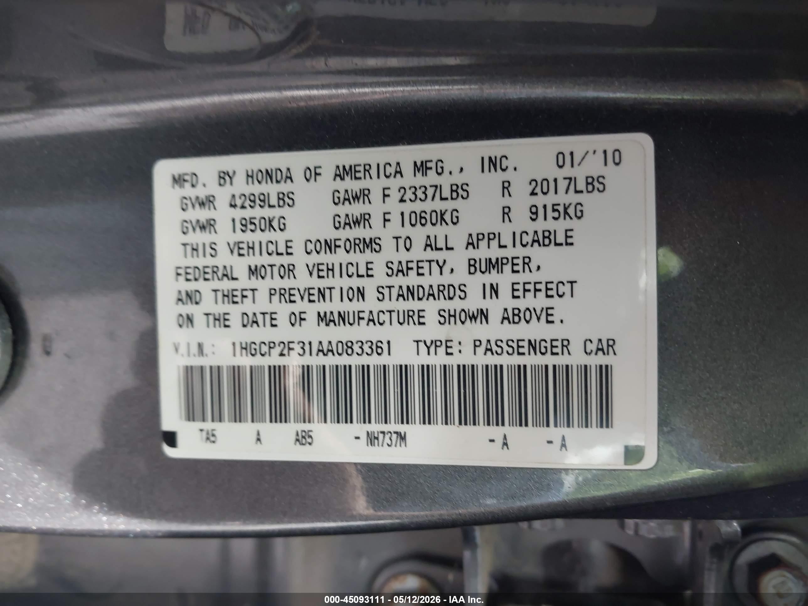 2010 Honda Accord 2.4 Lx Gray vin: 1HGCP2F31AA083361