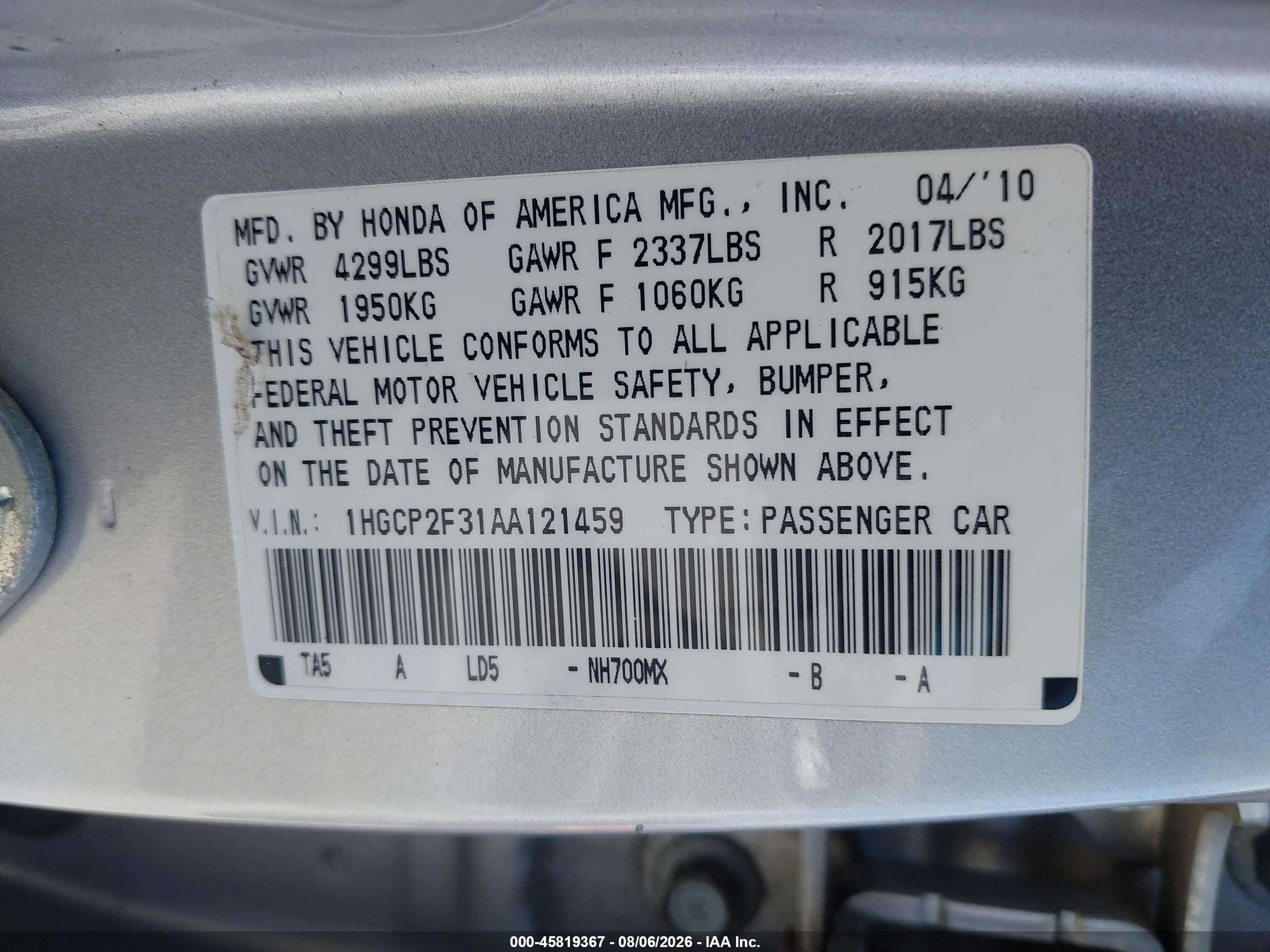 2010 Honda Accord 2.4 Lx Silver vin: 1HGCP2F31AA121459
