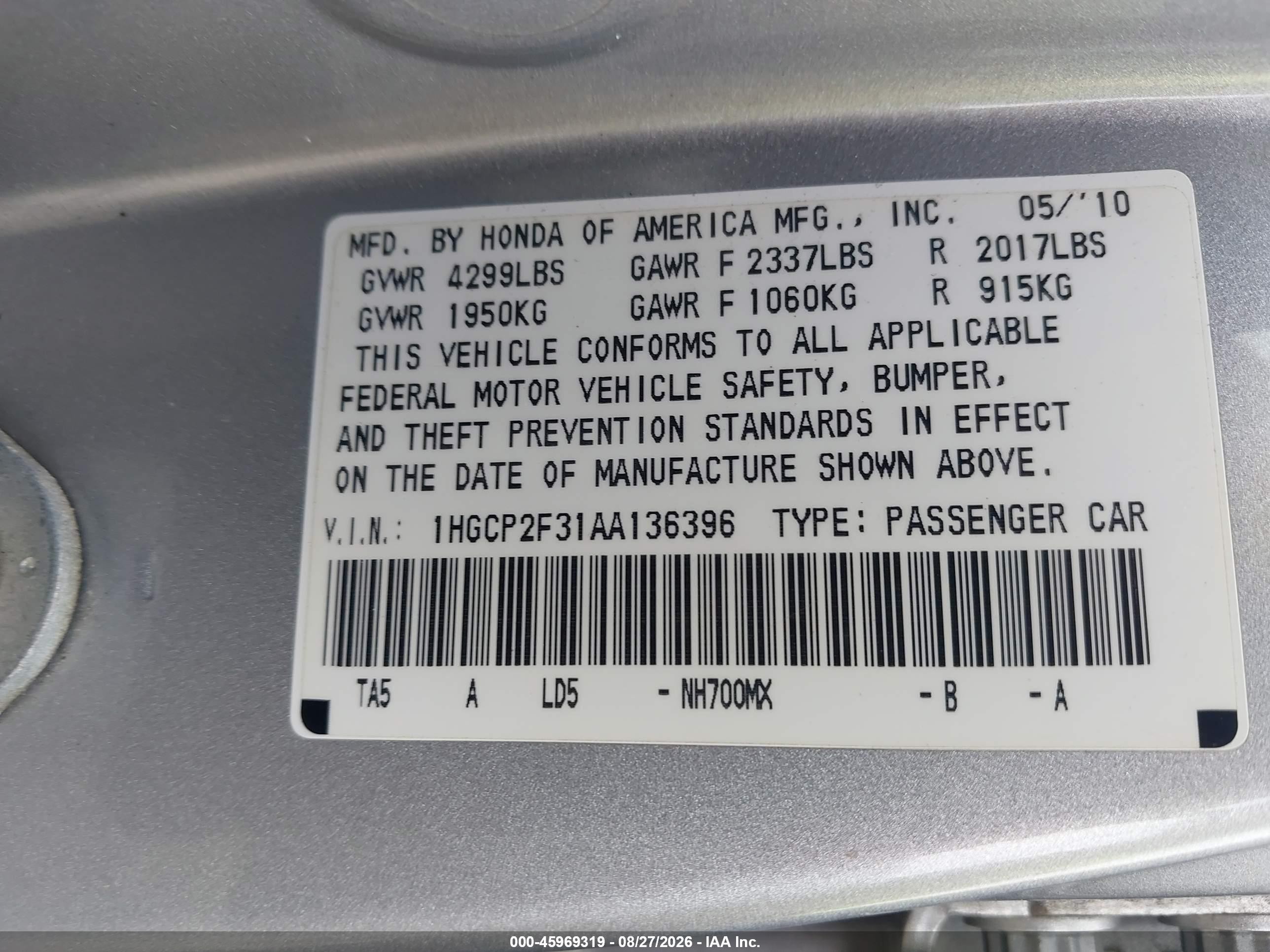 2010 Honda Accord 2.4 Lx Silver vin: 1HGCP2F31AA136396