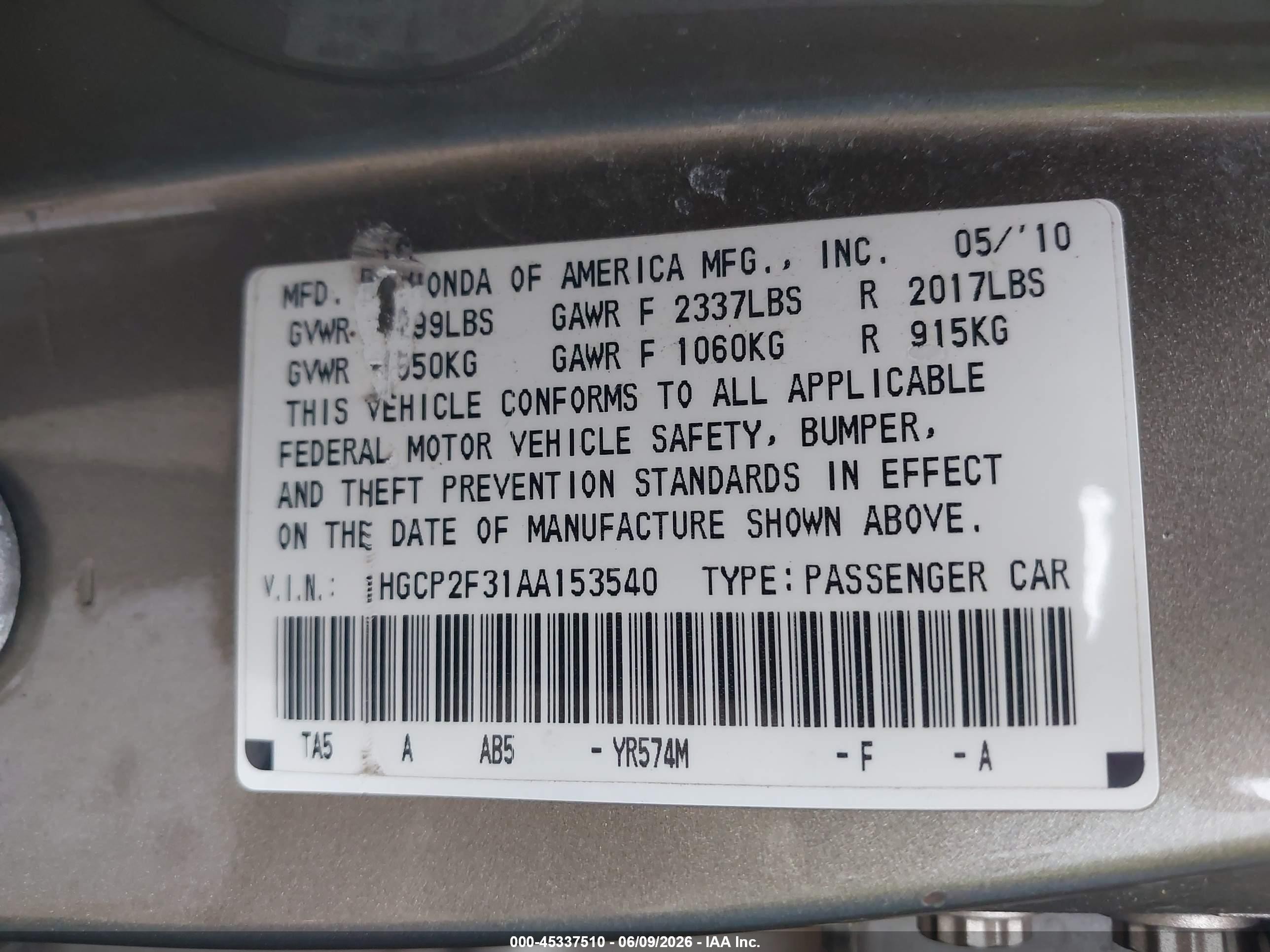 2010 Honda Accord 2.4 Lx Gold vin: 1HGCP2F31AA153540