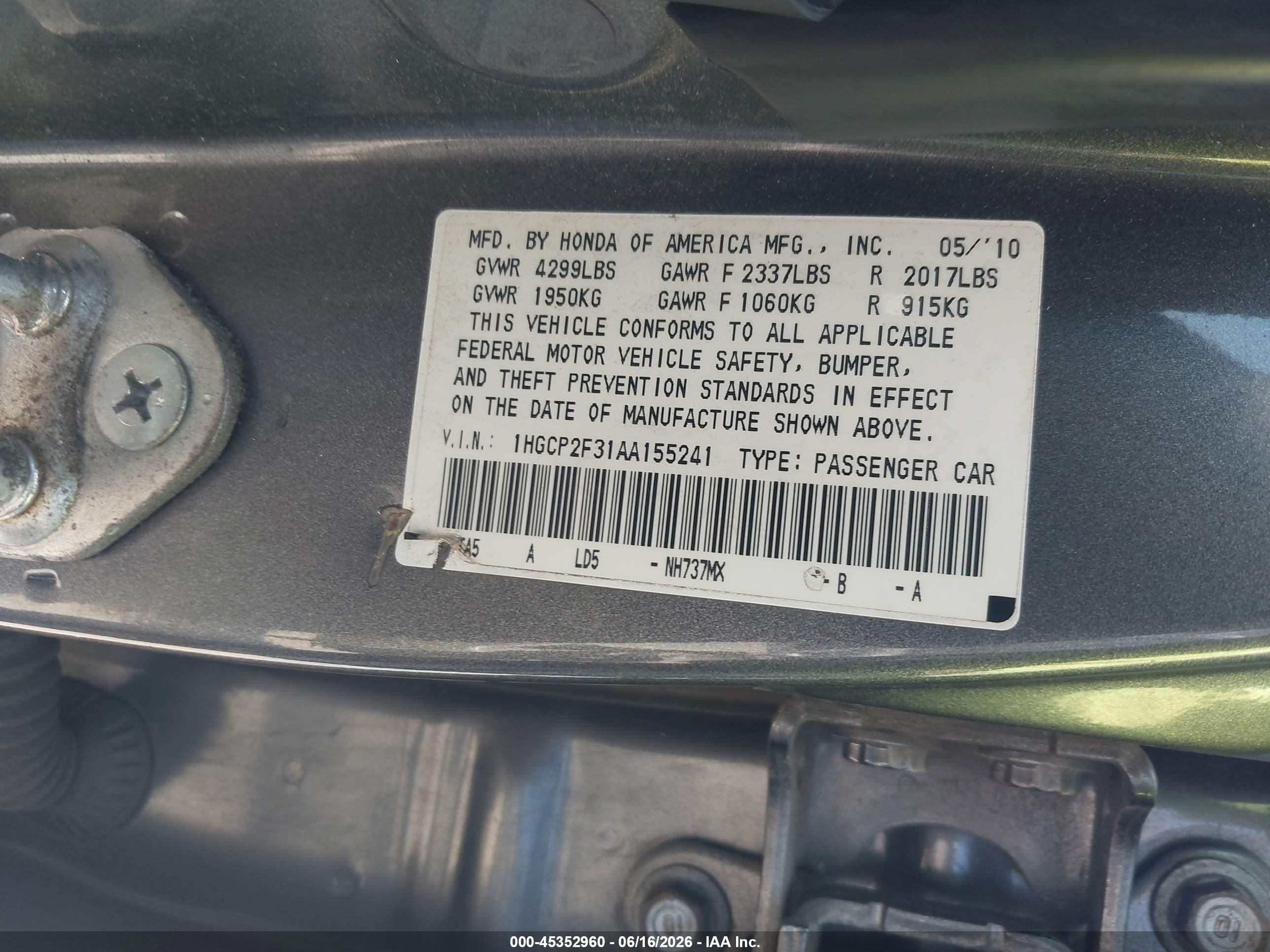 2010 Honda Accord 2.4 Lx Gray vin: 1HGCP2F31AA155241