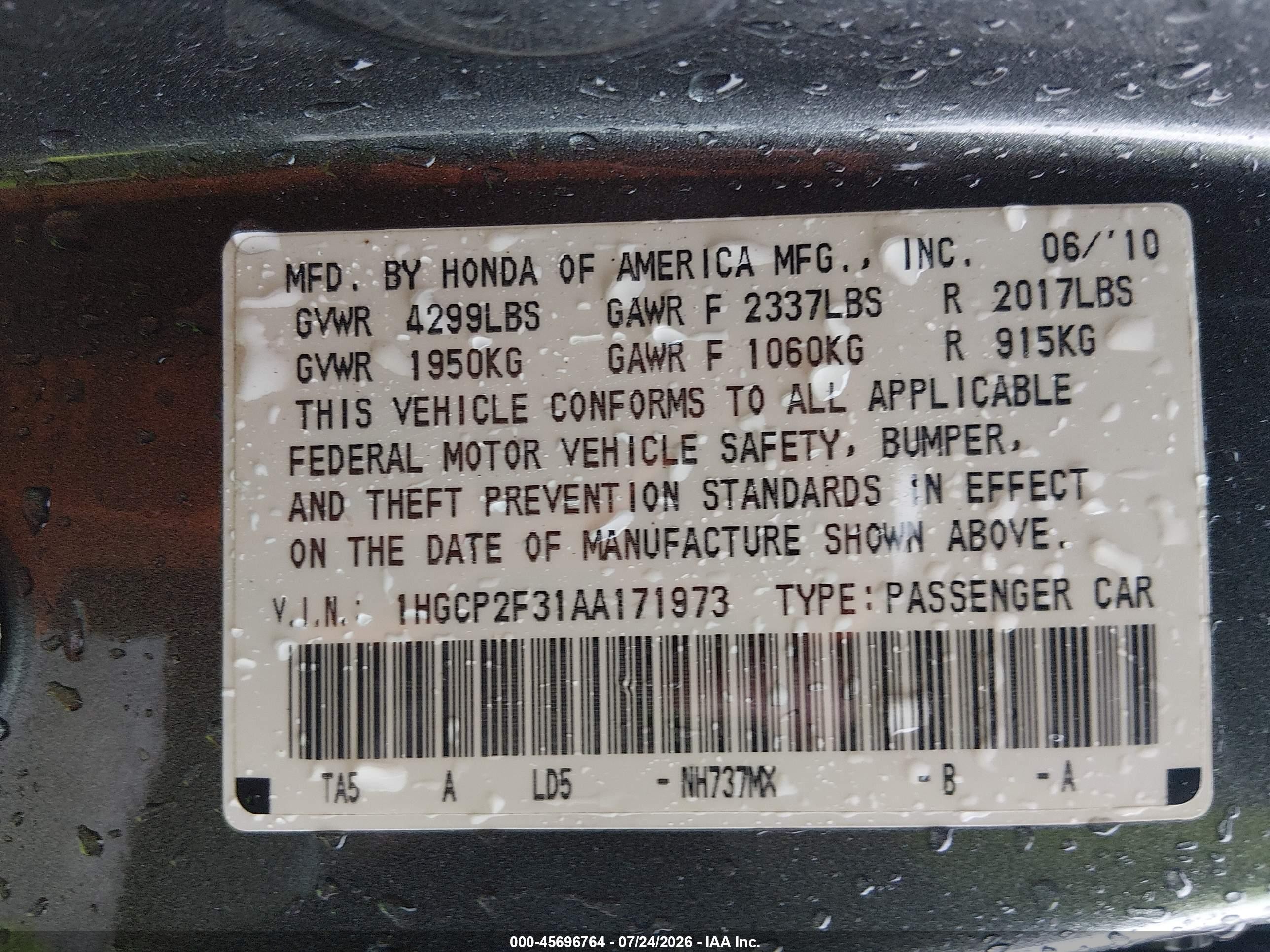 2010 Honda Accord 2.4 Lx Gray vin: 1HGCP2F31AA171973