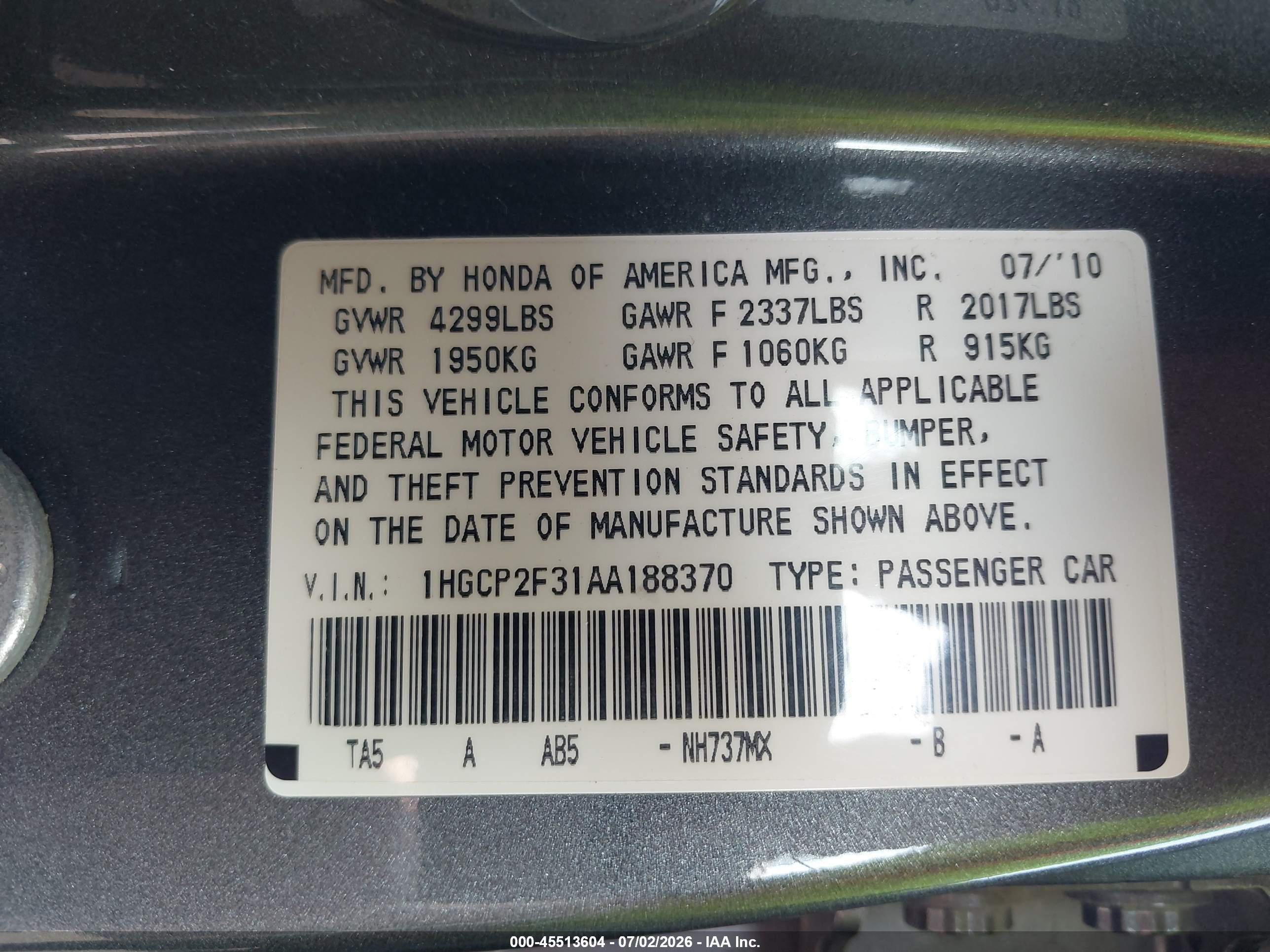 2010 Honda Accord 2.4 Lx Gray vin: 1HGCP2F31AA188370