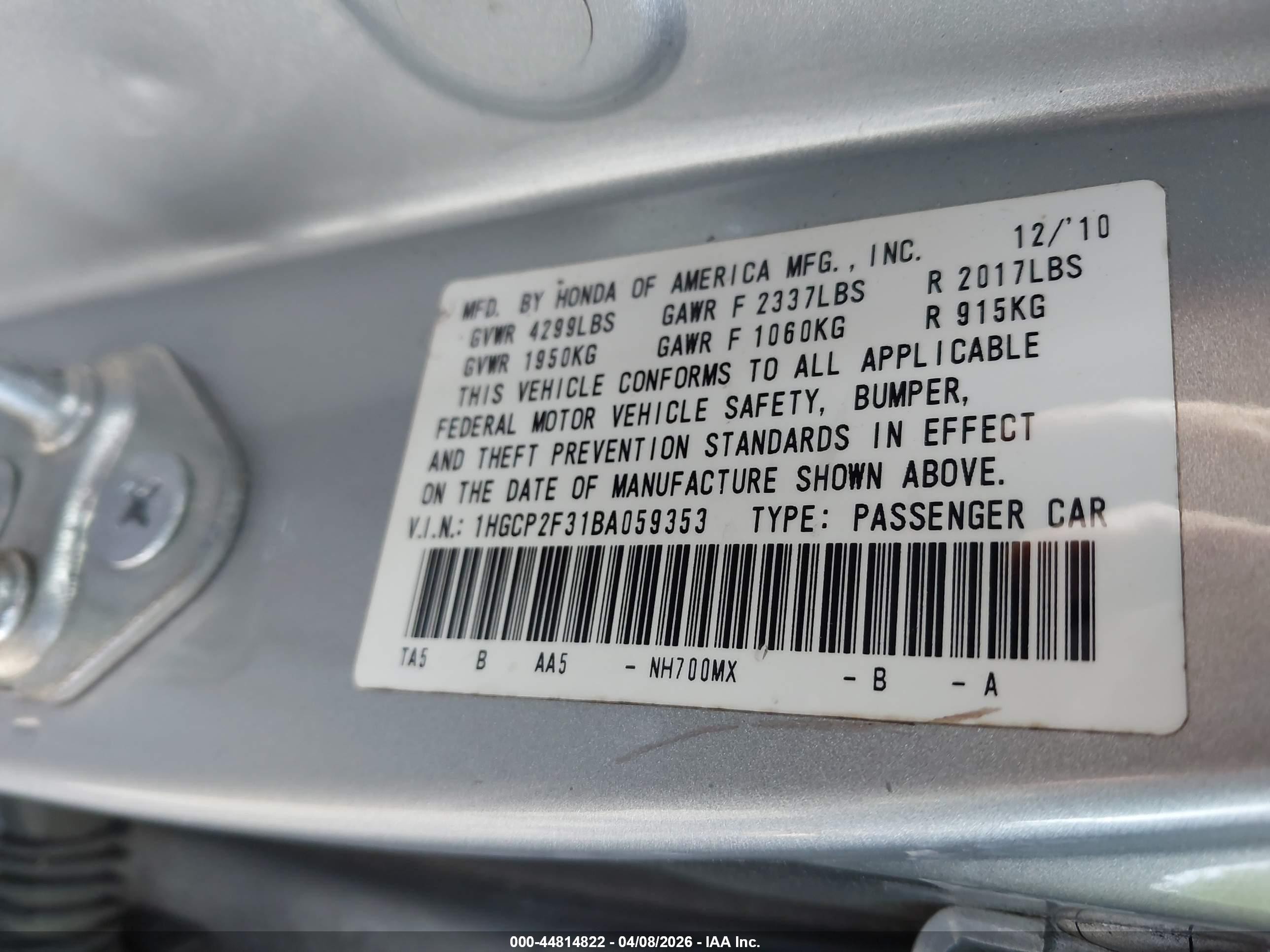 2011 Honda Accord 2.4 Lx Silver vin: 1HGCP2F31BA059353