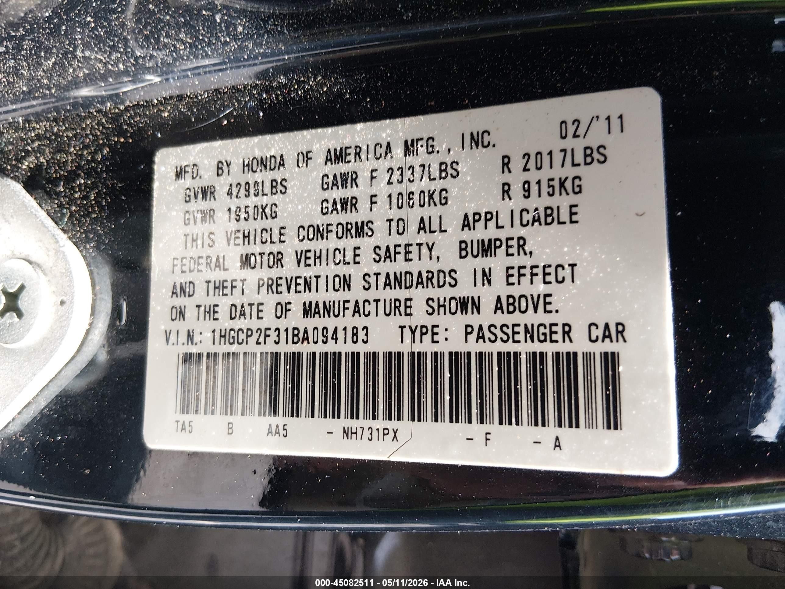2011 Honda Accord 2.4 Lx Black vin: 1HGCP2F31BA094183