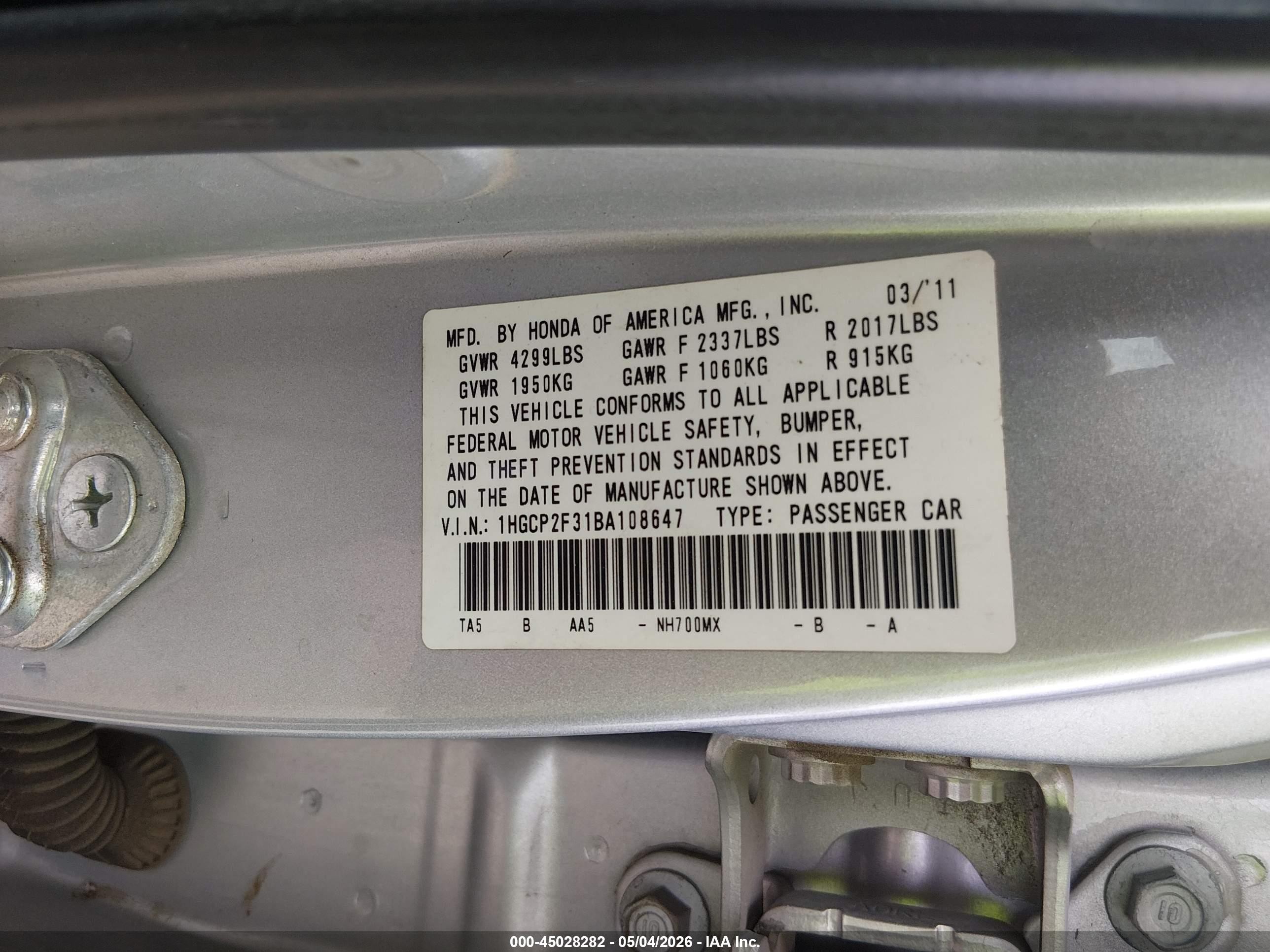 2011 Honda Accord 2.4 Lx Silver vin: 1HGCP2F31BA108647