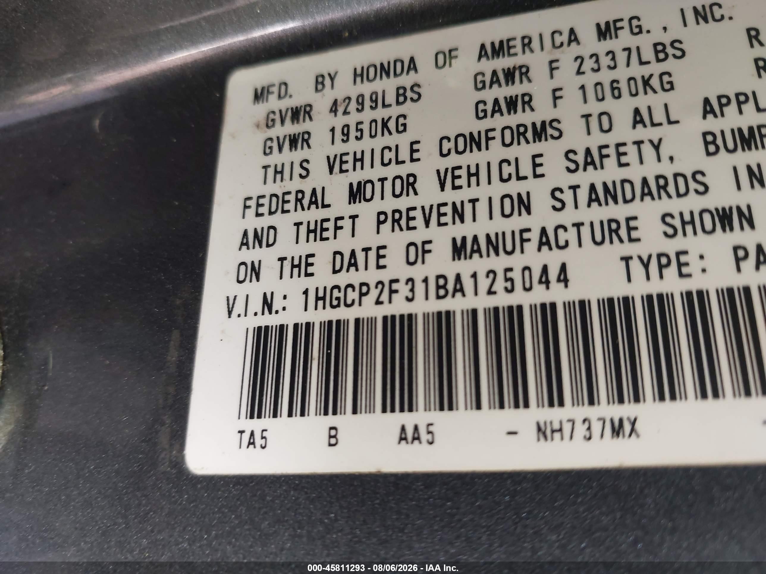 2011 Honda Accord 2.4 Lx Gray vin: 1HGCP2F31BA125044