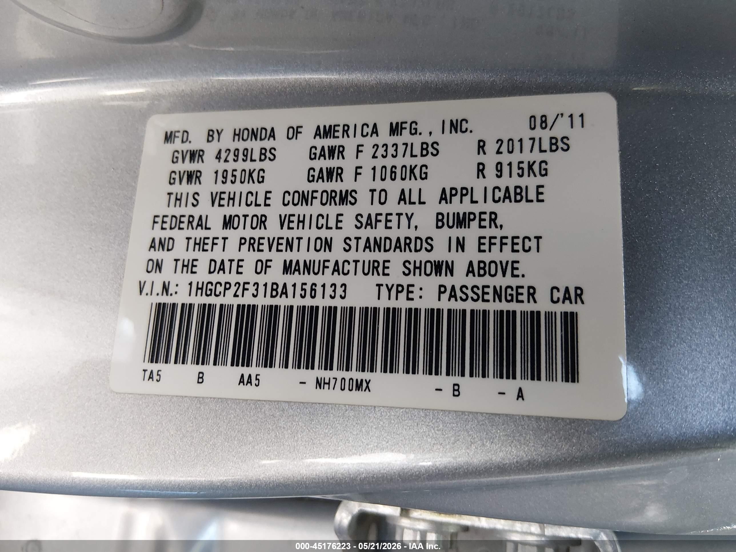 2011 Honda Accord 2.4 Lx Silver vin: 1HGCP2F31BA156133