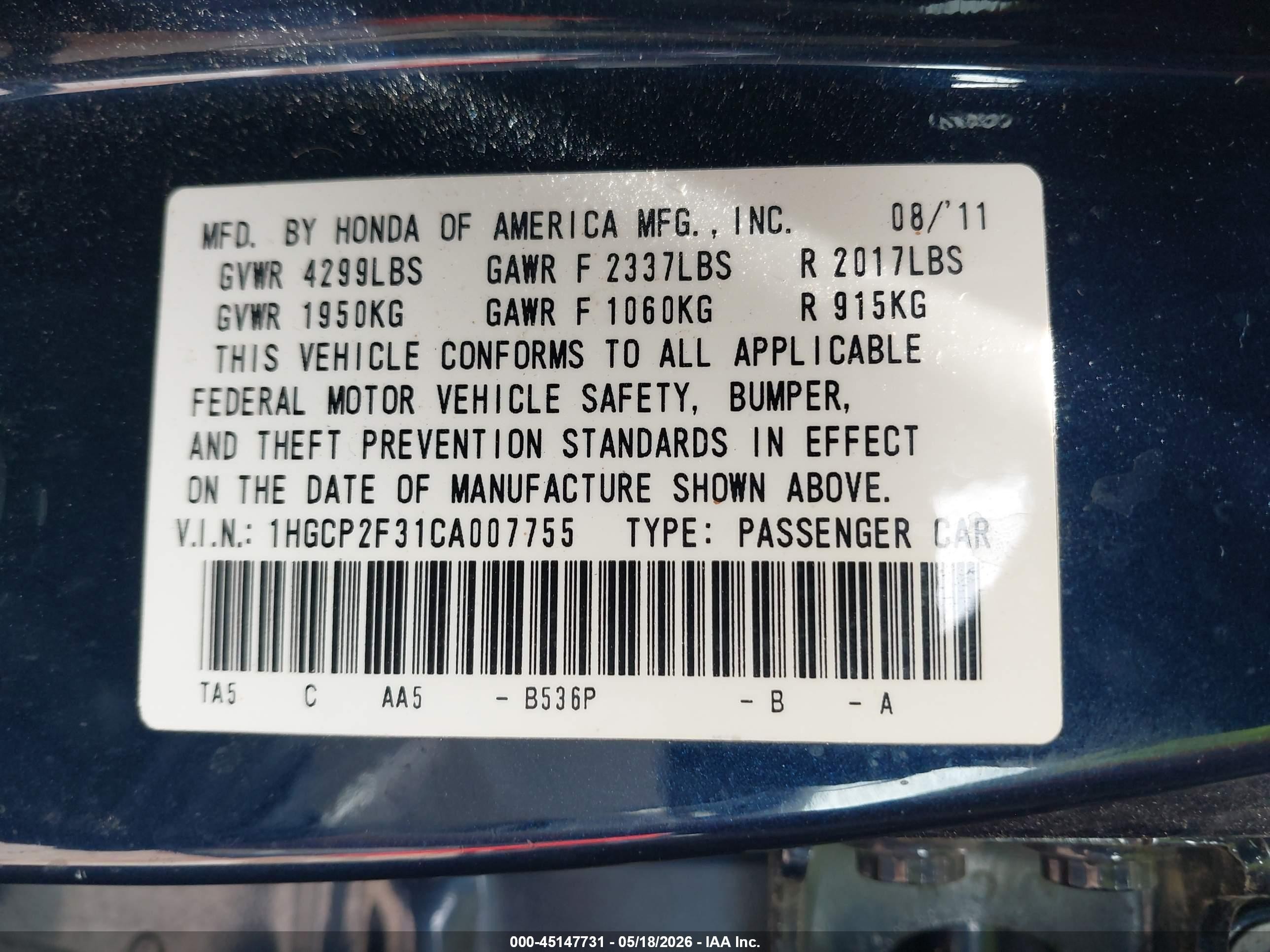 2012 Honda Accord 2.4 Lx Dark Blue vin: 1HGCP2F31CA007755