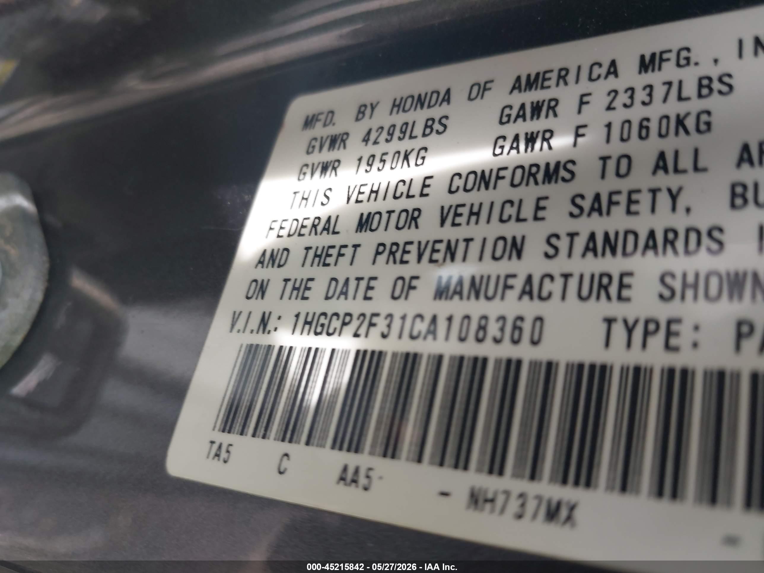 2012 Honda Accord 2.4 Lx Gray vin: 1HGCP2F31CA108360