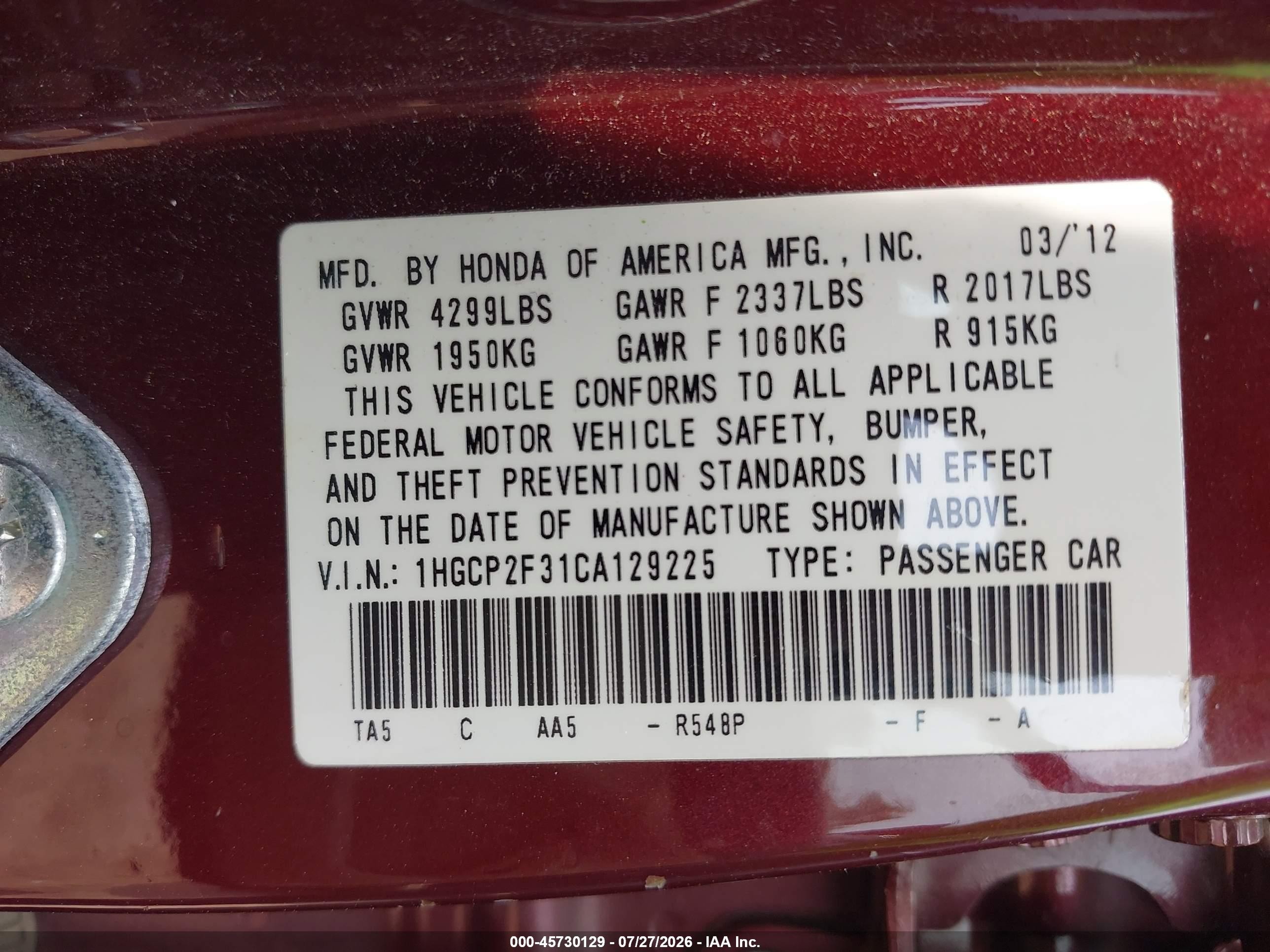 2012 Honda Accord Sdn Lx Burgundy vin: 1HGCP2F31CA129225
