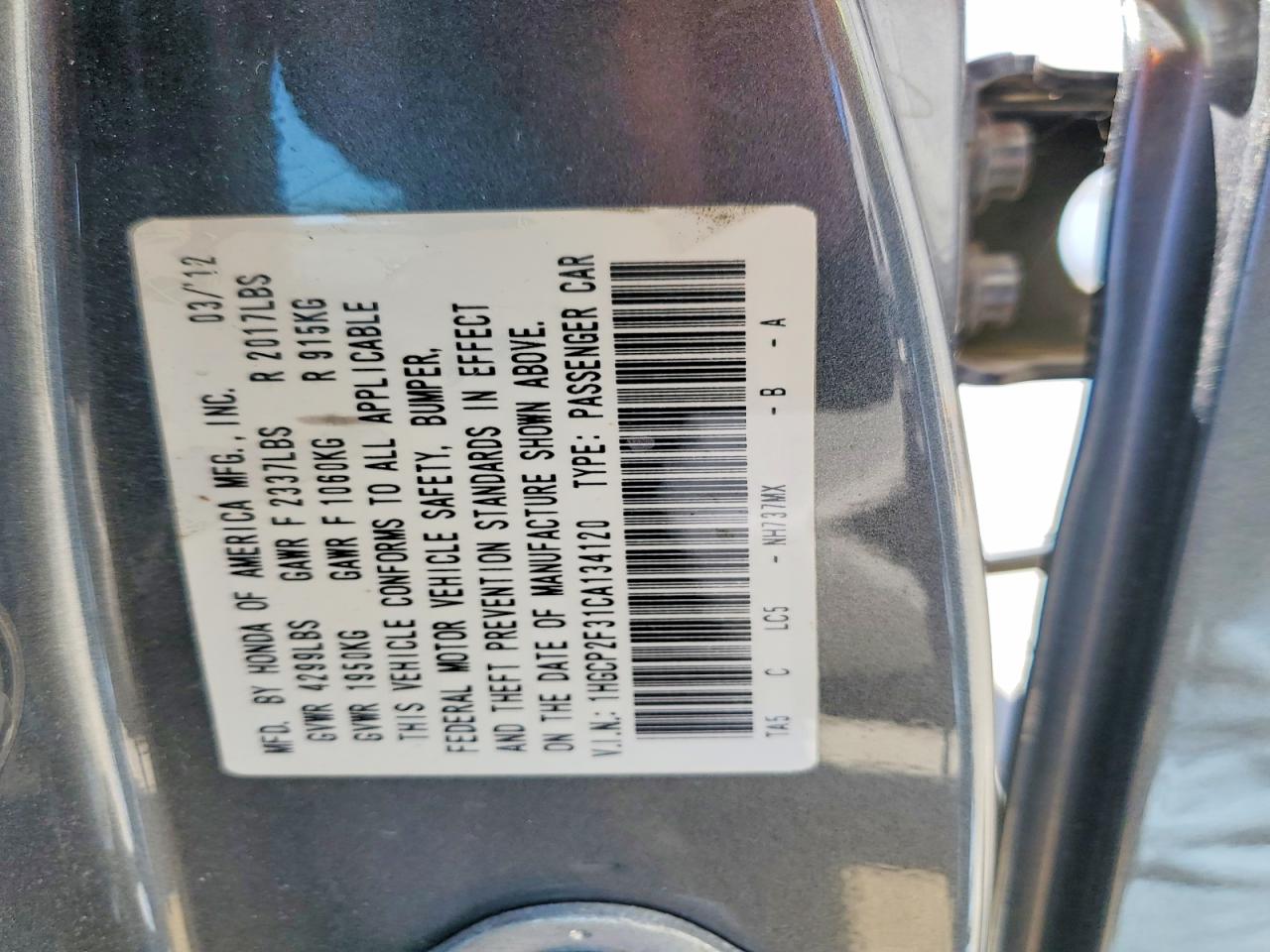 2012 Honda Accord Lx Gray vin: 1HGCP2F31CA134120