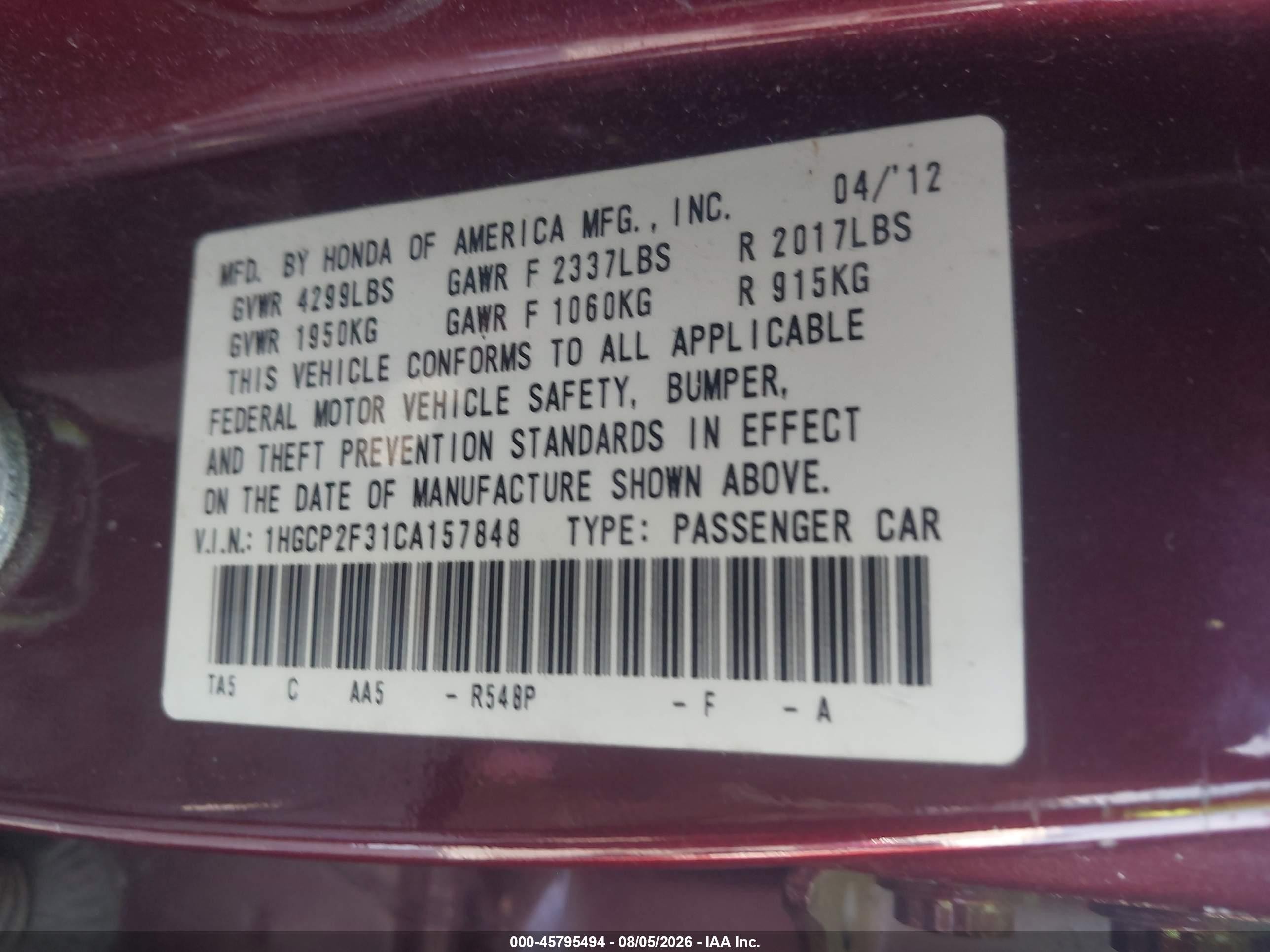 2012 Honda Accord Sdn Lx Burgundy vin: 1HGCP2F31CA157848