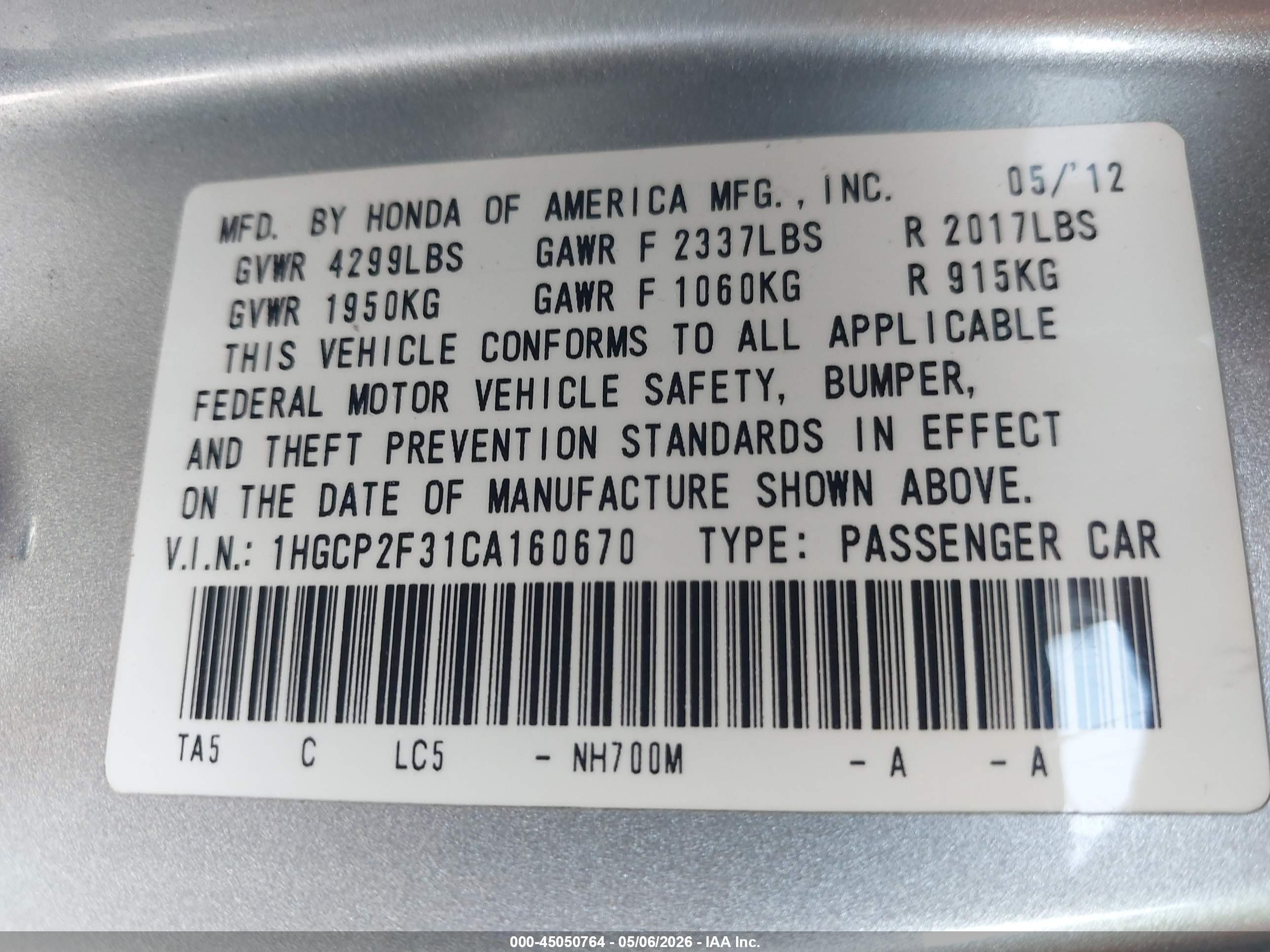 2012 Honda Accord 2.4 Lx Silver vin: 1HGCP2F31CA160670