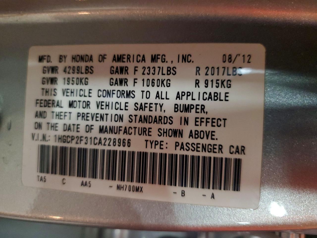 2012 Honda Accord Lx Silver vin: 1HGCP2F31CA228966