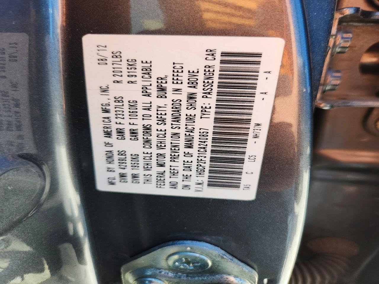2012 Honda Accord Lx Gray vin: 1HGCP2F31CA240857