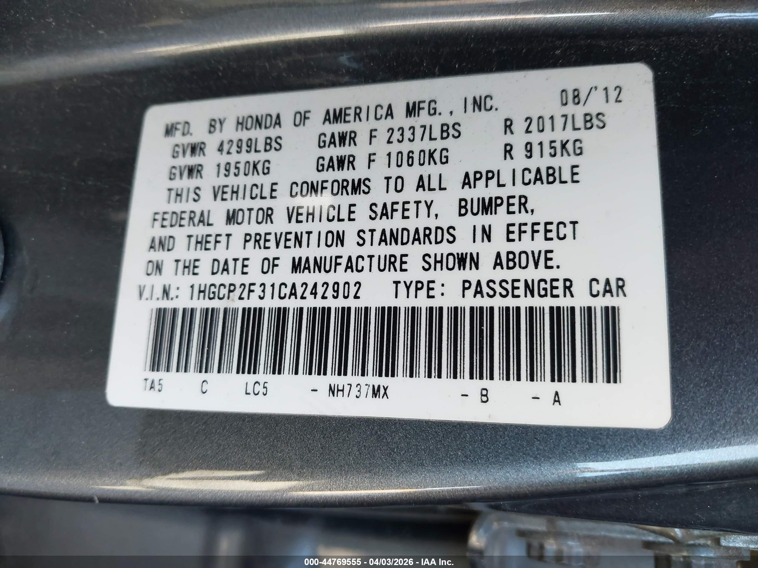 2012 Honda Accord 2.4 Lx Gray vin: 1HGCP2F31CA242902