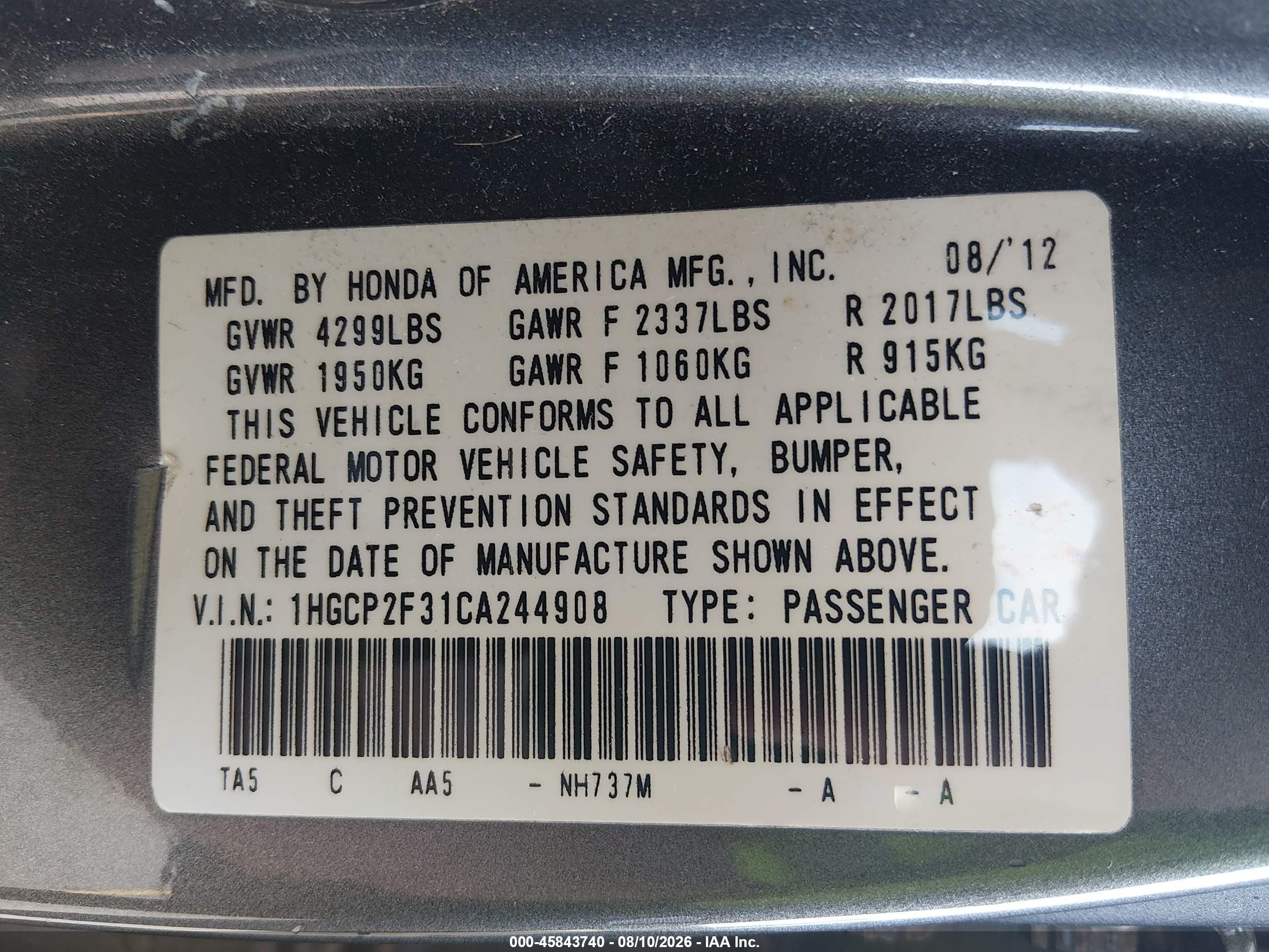 2012 Honda Accord Sdn Lx Gray vin: 1HGCP2F31CA244908
