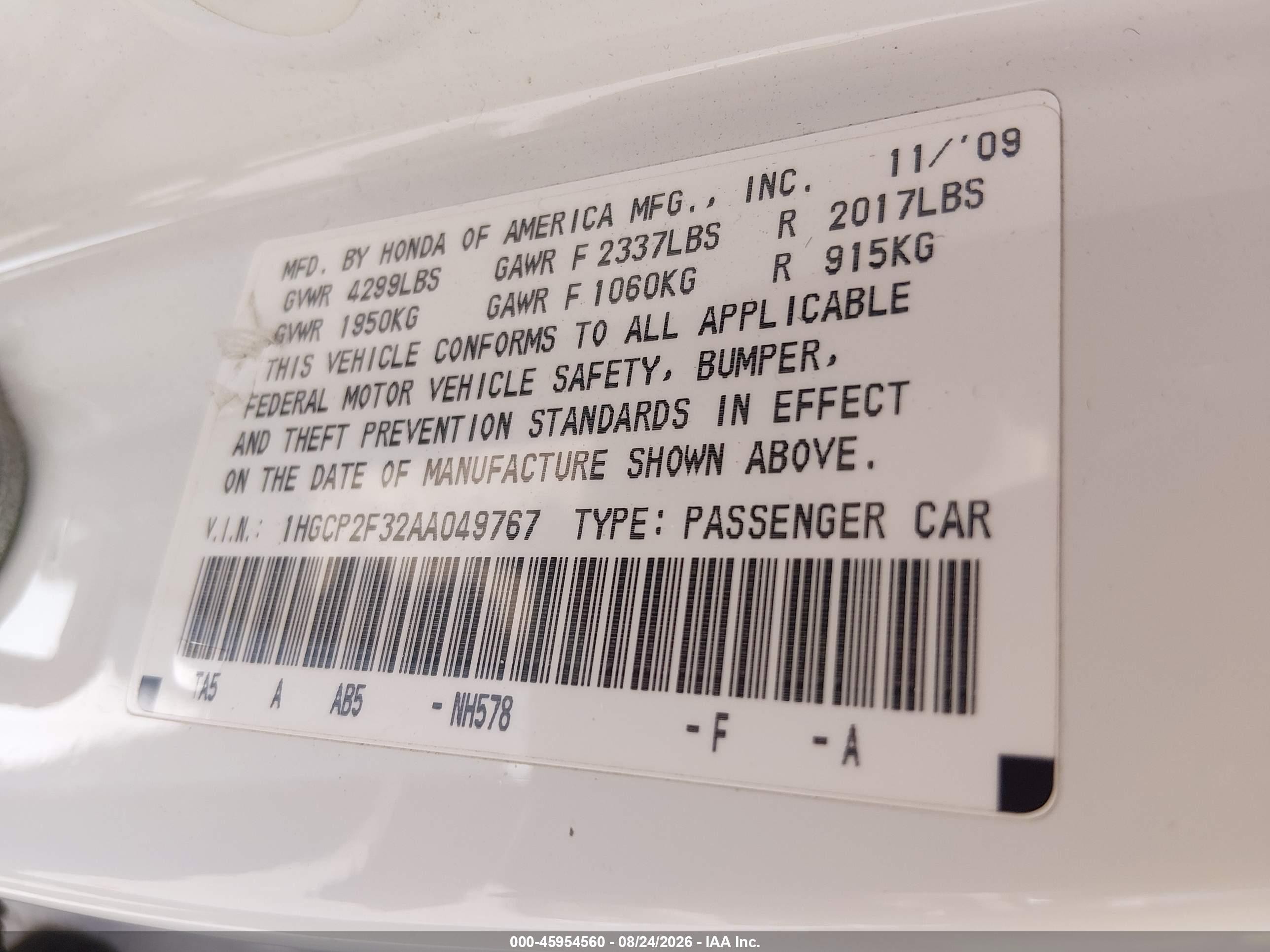 2010 Honda Accord 2.4 Lx White vin: 1HGCP2F32AA049767