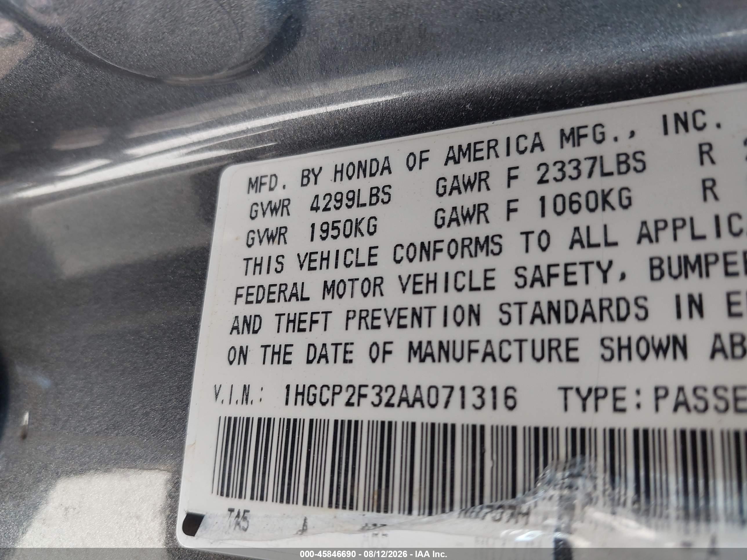 2010 Honda Accord 2.4 Lx Gray vin: 1HGCP2F32AA071316