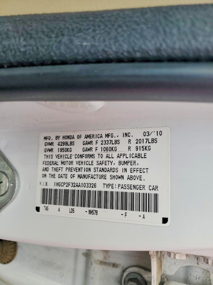 2010 Honda Accord Lx White vin: 1HGCP2F32AA103326